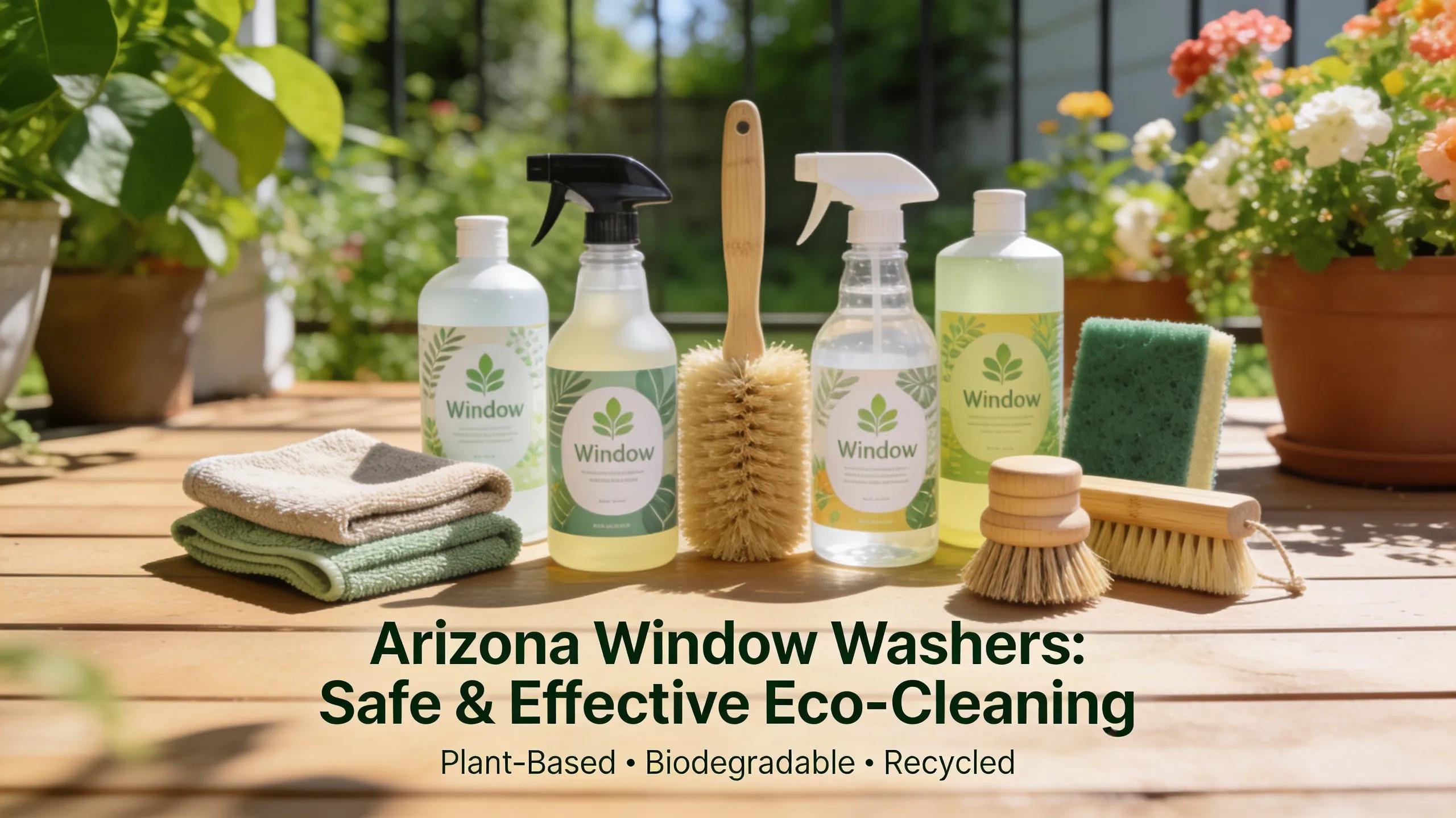 Eco-friendly cleaning products displayed on a patio highlighting environmentally safe window cleaning solutions