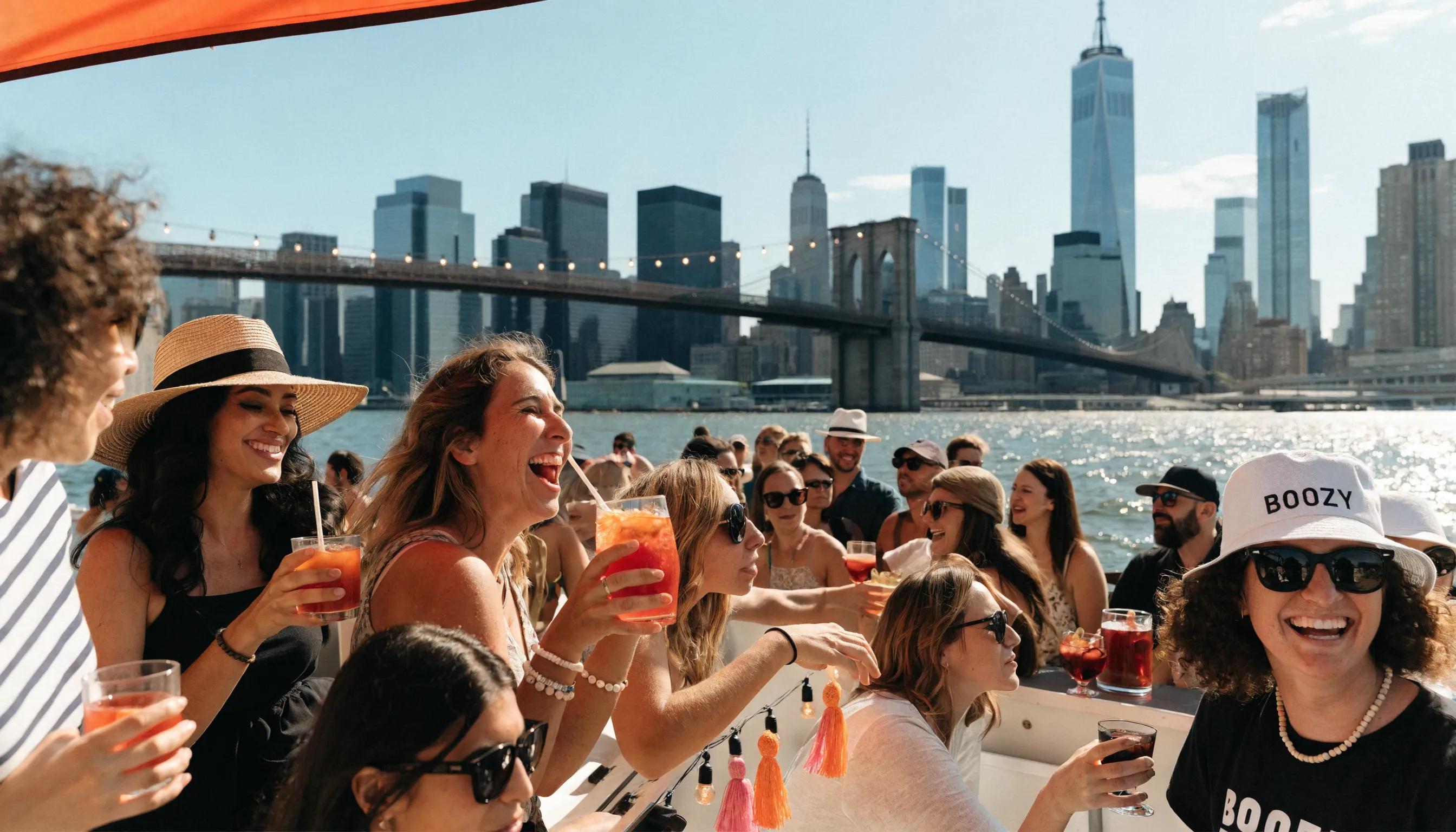 Lively NYC boat party scene with guests enjoying the skyline and festive decorations