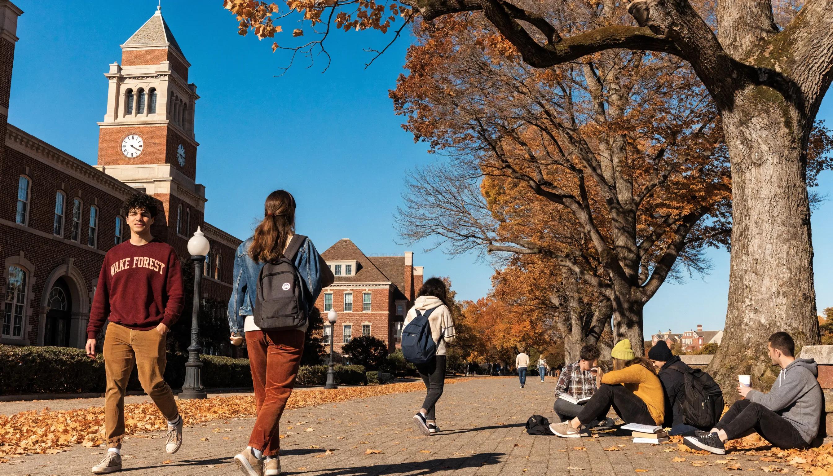 Wake Forest University campus in autumn with students studying and engaging in activities