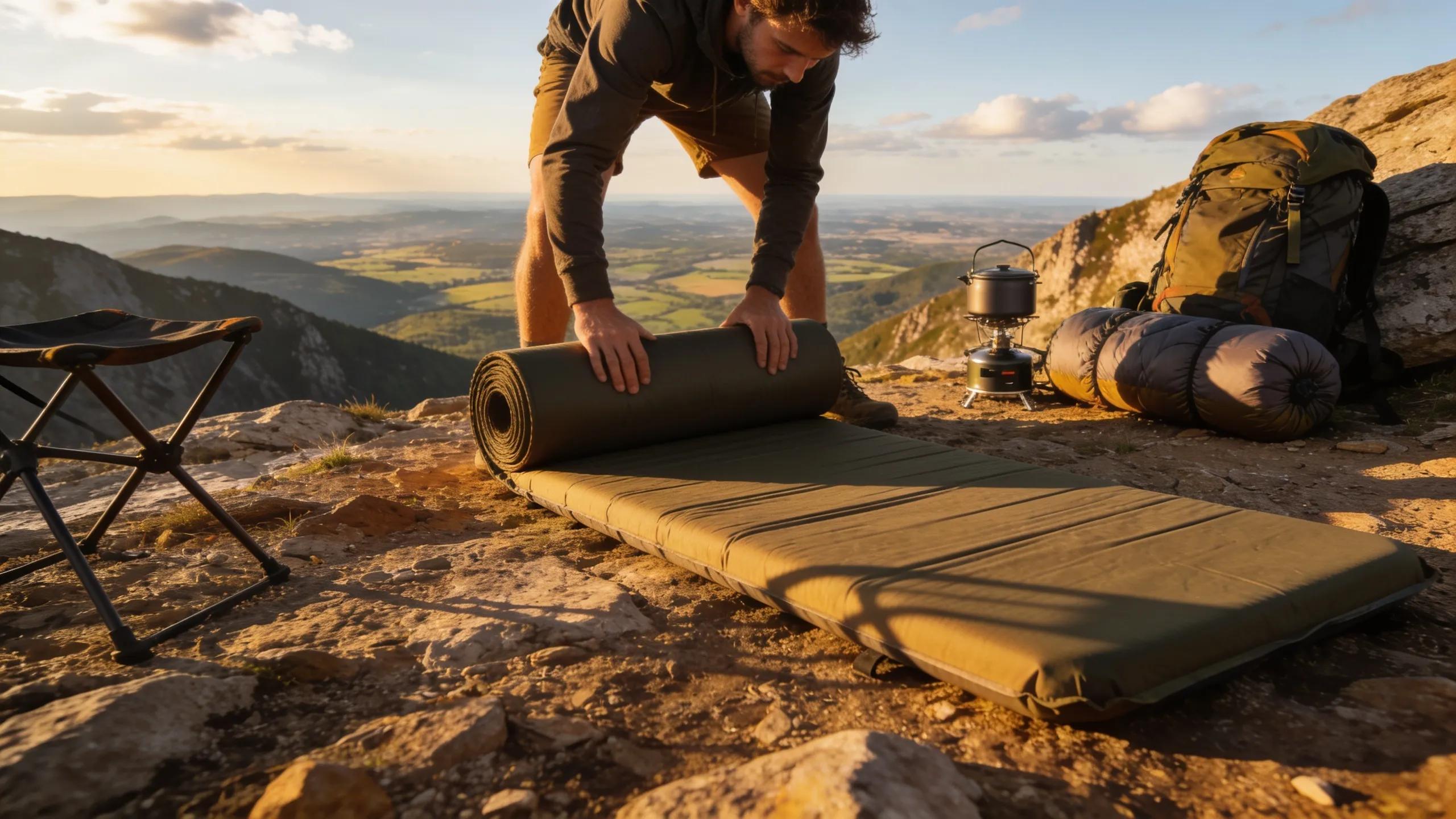Person unrolling a roll-up foldable mattress at a scenic mountain overlook, demonstrating adventure and practicality