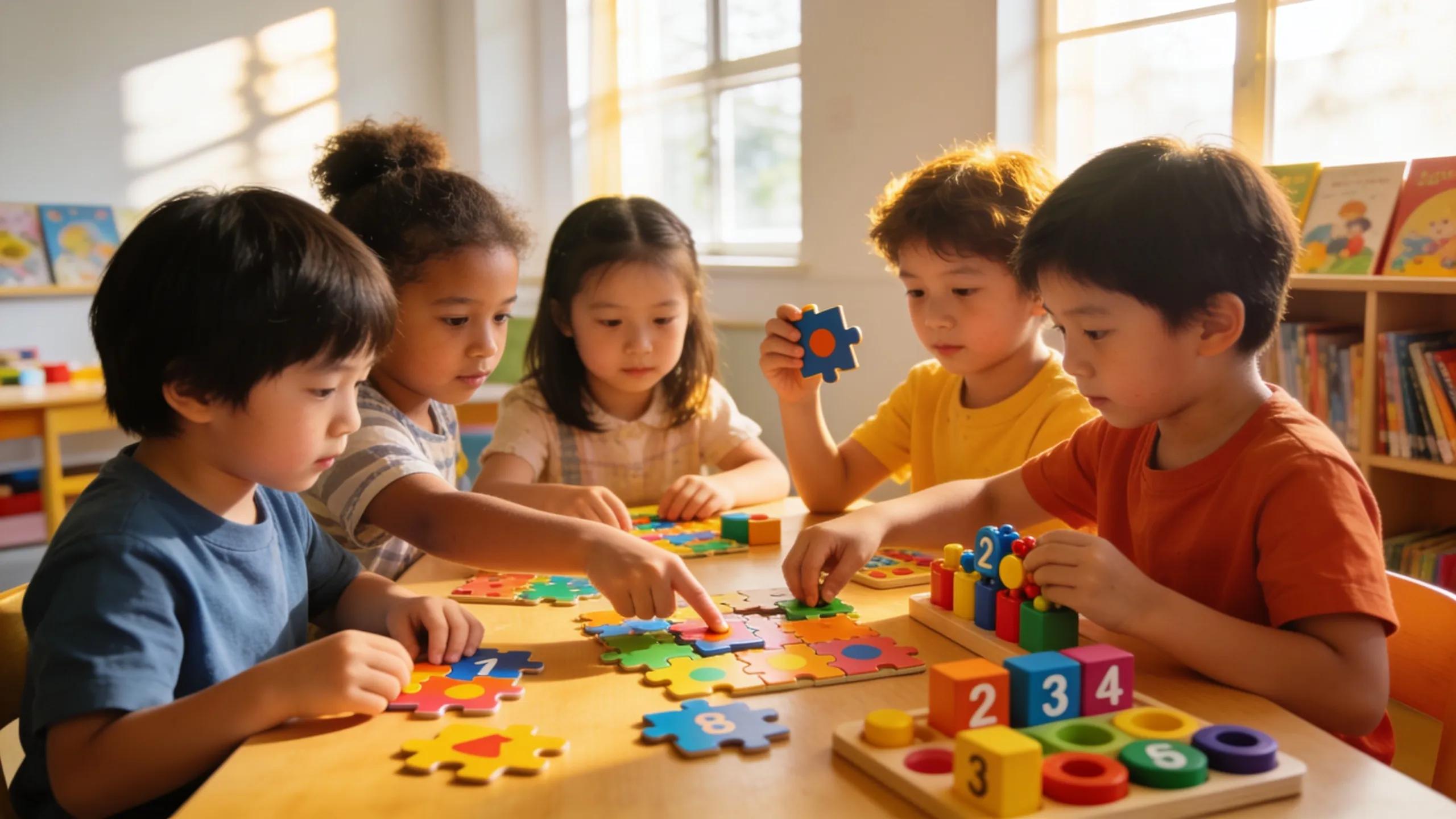 Kids collaborating on a problem-solving activity, enhancing their cognitive development