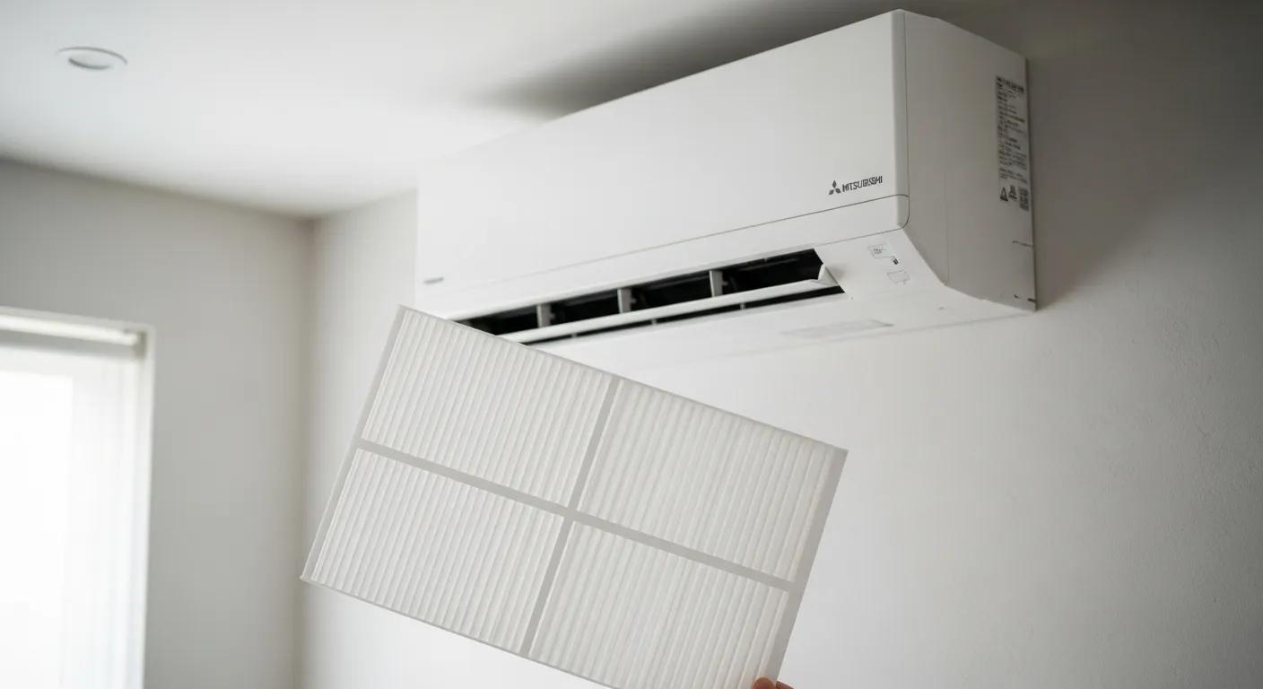 Clean air filter beside a Mitsubishi mini‑split unit, illustrating routine maintenance