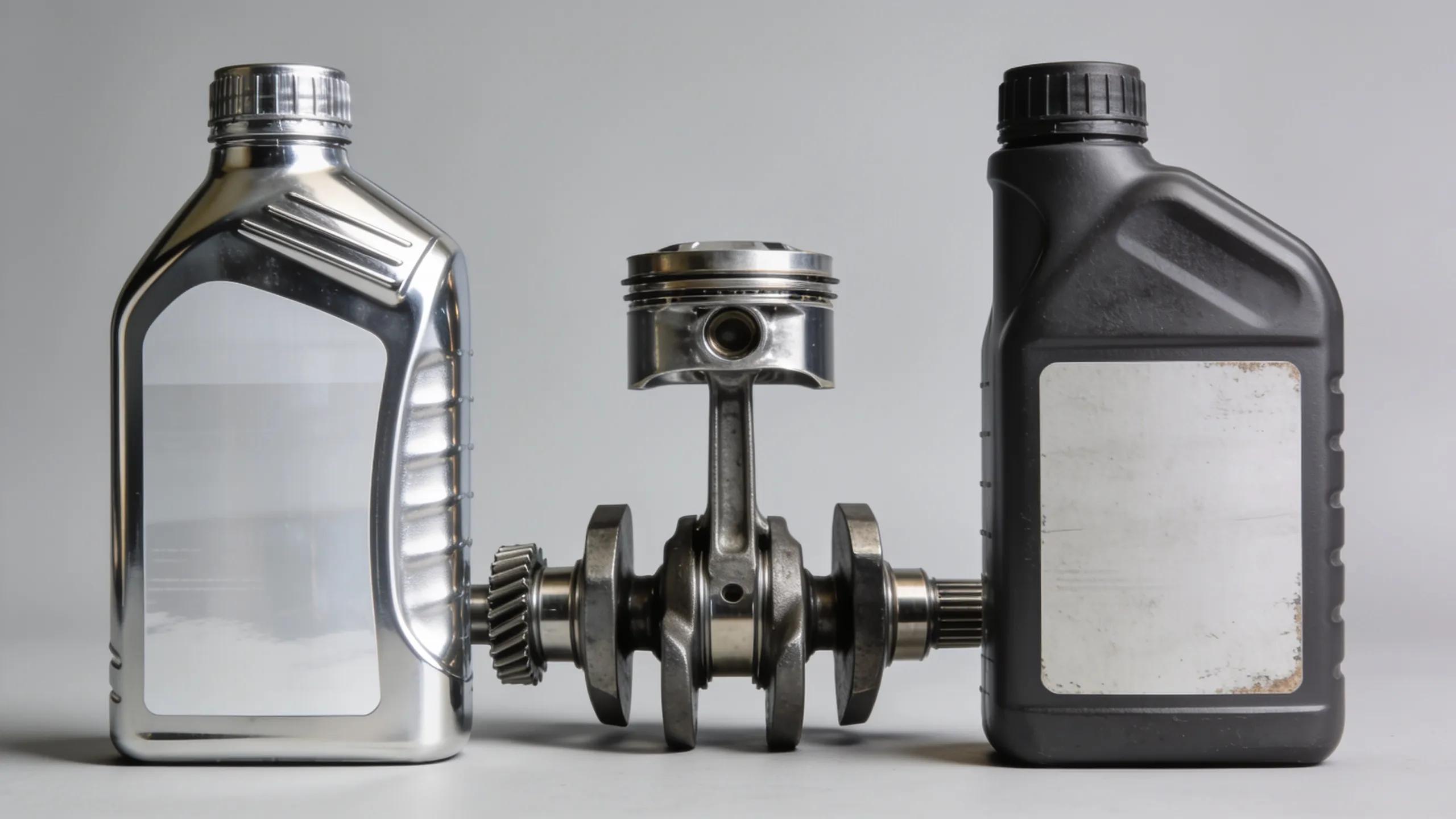 Bottles of synthetic and conventional motor oil next to a car engine part