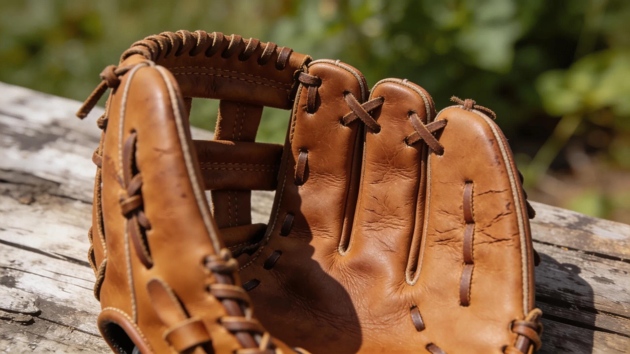 Close-up of bark-tanned leather baseball gloves showcasing durability and comfort features