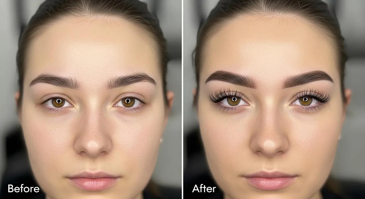 Before and after results showing enhanced lashes and brows after treatment
