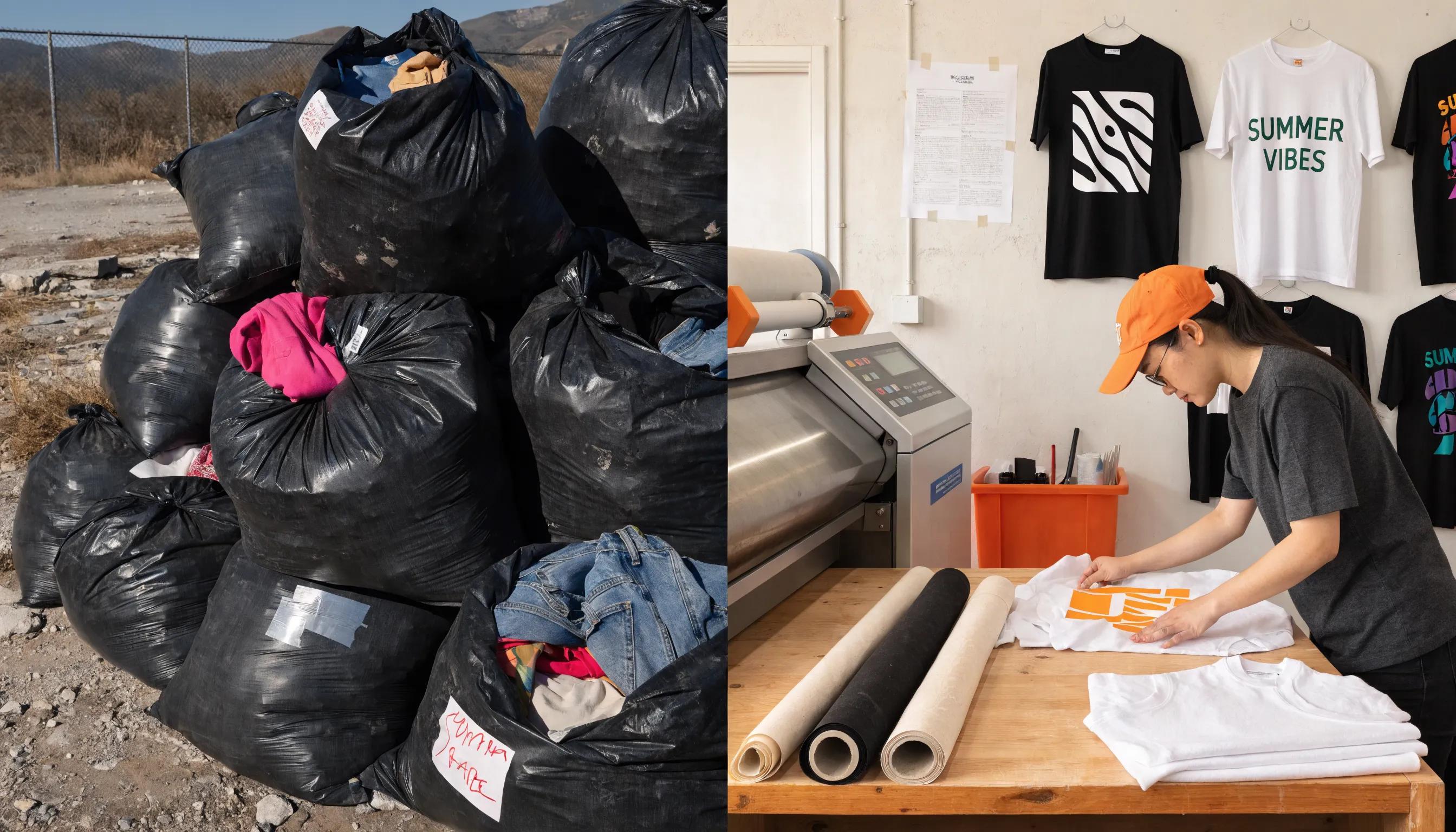 Visual comparison showing waste reduction in fashion through print-on-demand technology