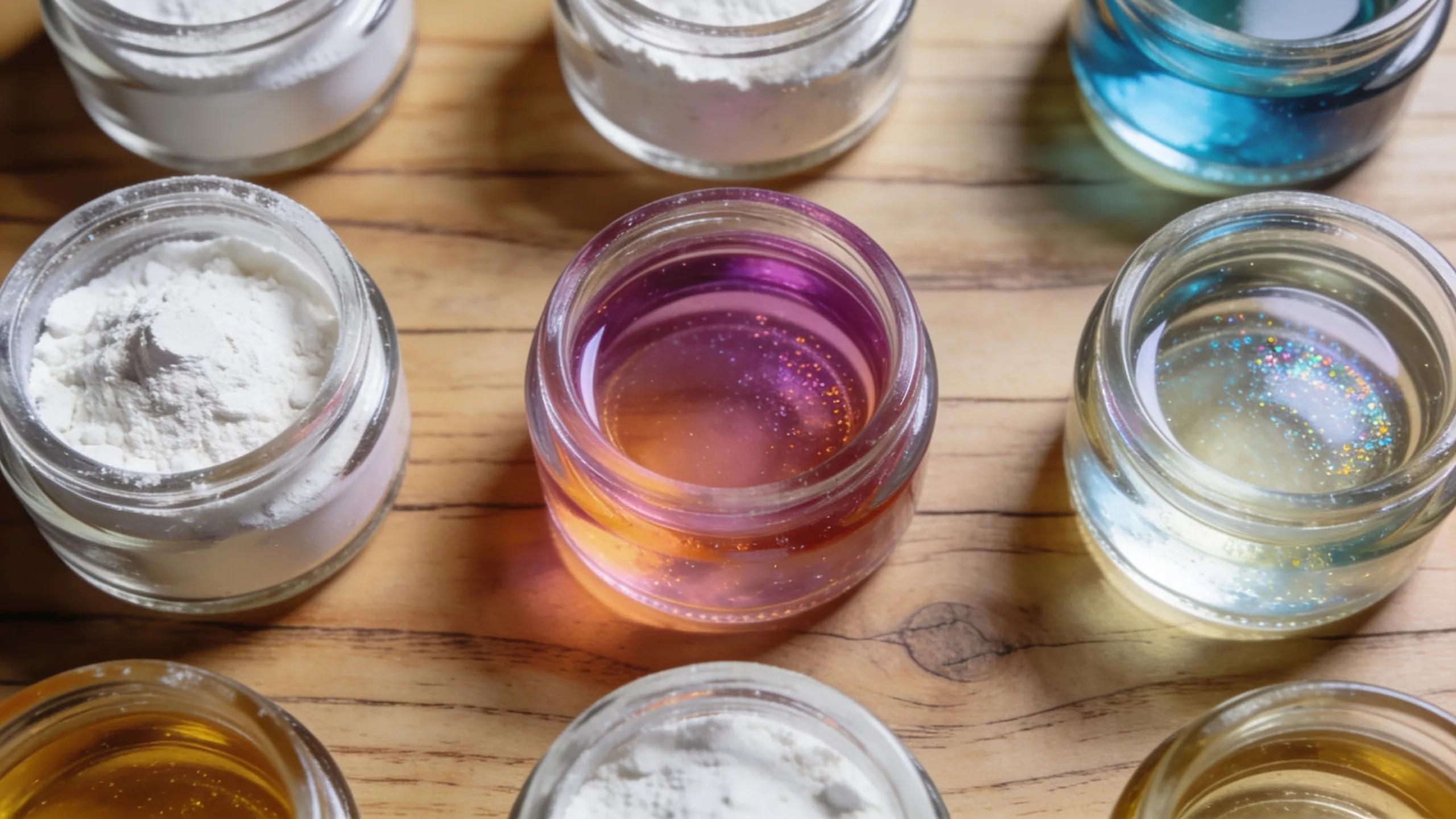 Flat lay of harmful deodorant ingredients like aluminum and synthetic fragrances on a wooden surface.