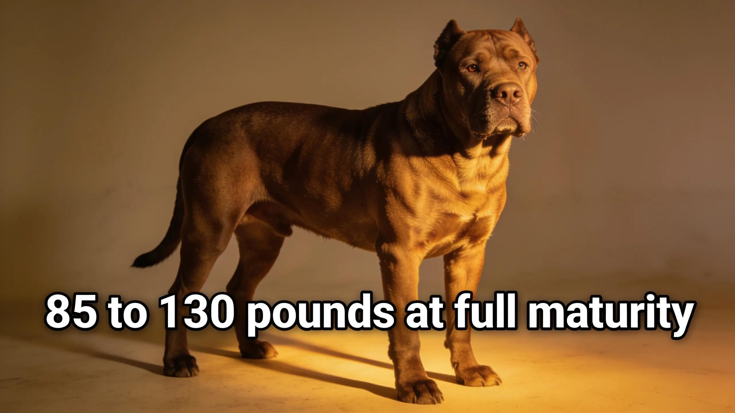 Presa Canarios commonly reach 85 to 130 pounds at full maturity, placing them solidly