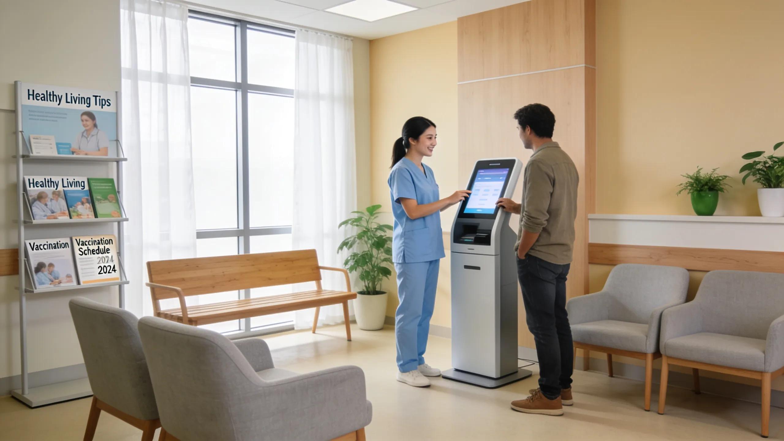 Modern clinic reception showcasing welcoming staff and digital check-in kiosk