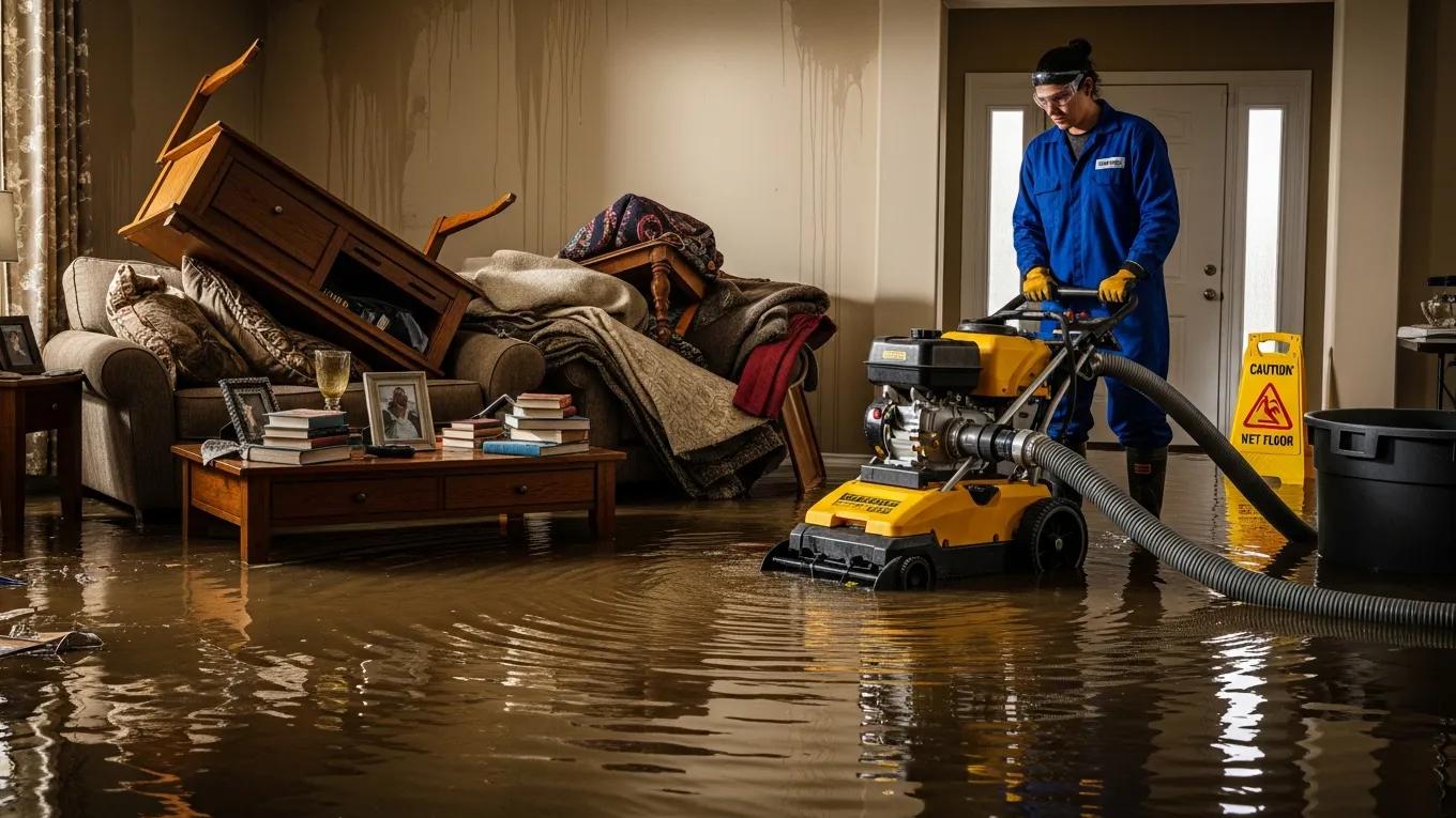 Technician performing emergency water removal using specialized equipment in a flooded home