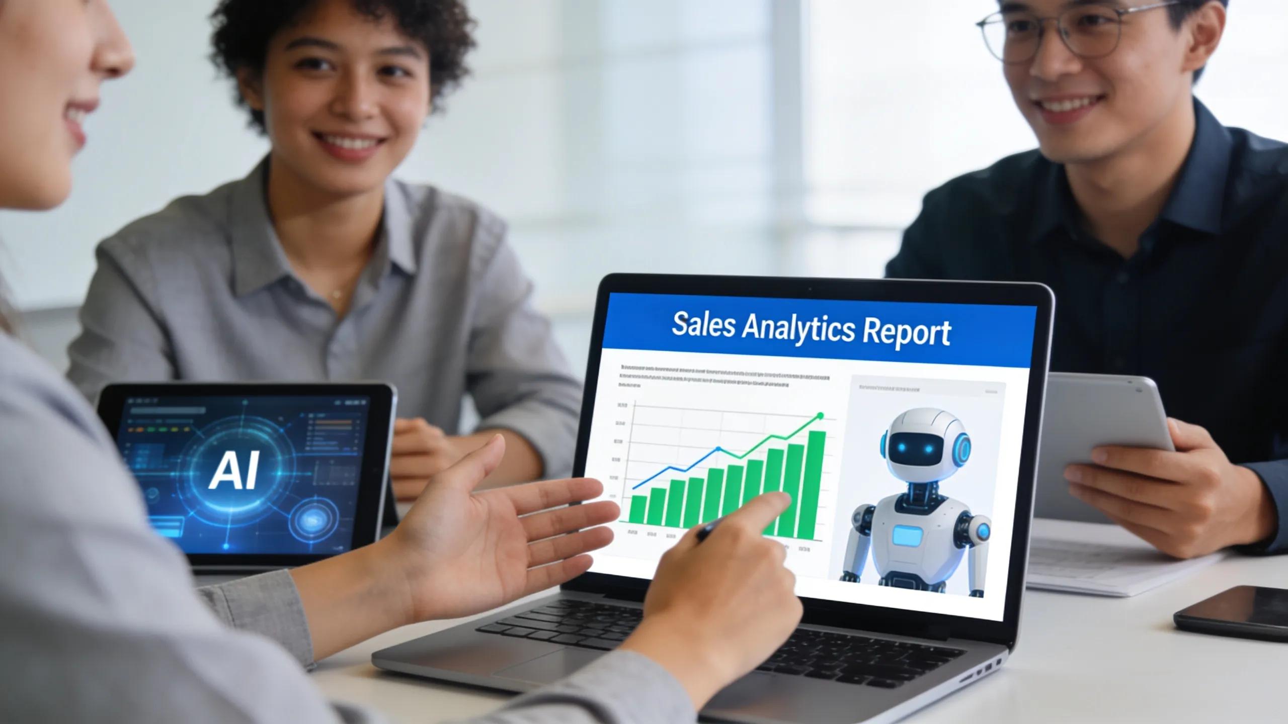 Diverse sales team collaborating on strategies with AI insights during a meeting to improve conversion rates