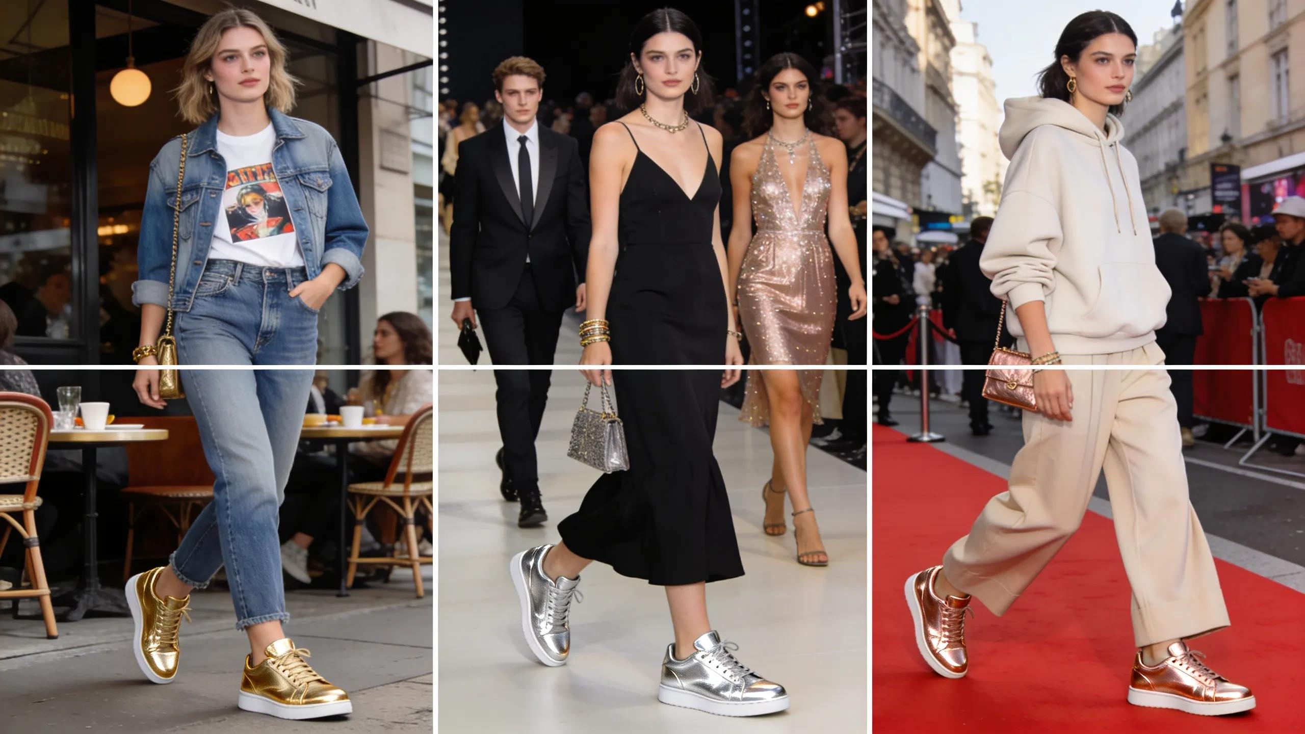 Fashionable individuals sporting metallic leather sneakers in various lifestyle settings