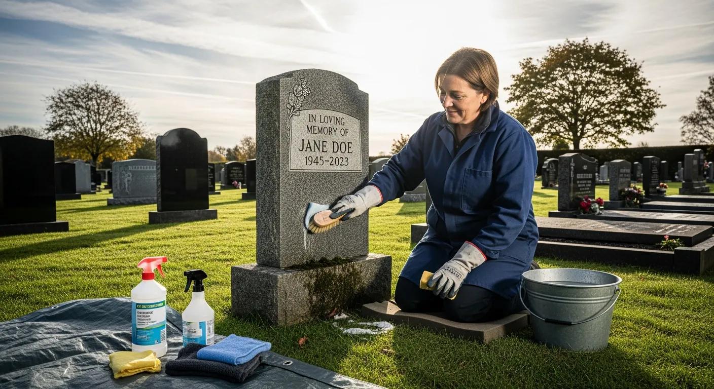 A caretaker gently cleaning a granite headstone, demonstrating recommended maintenance practices