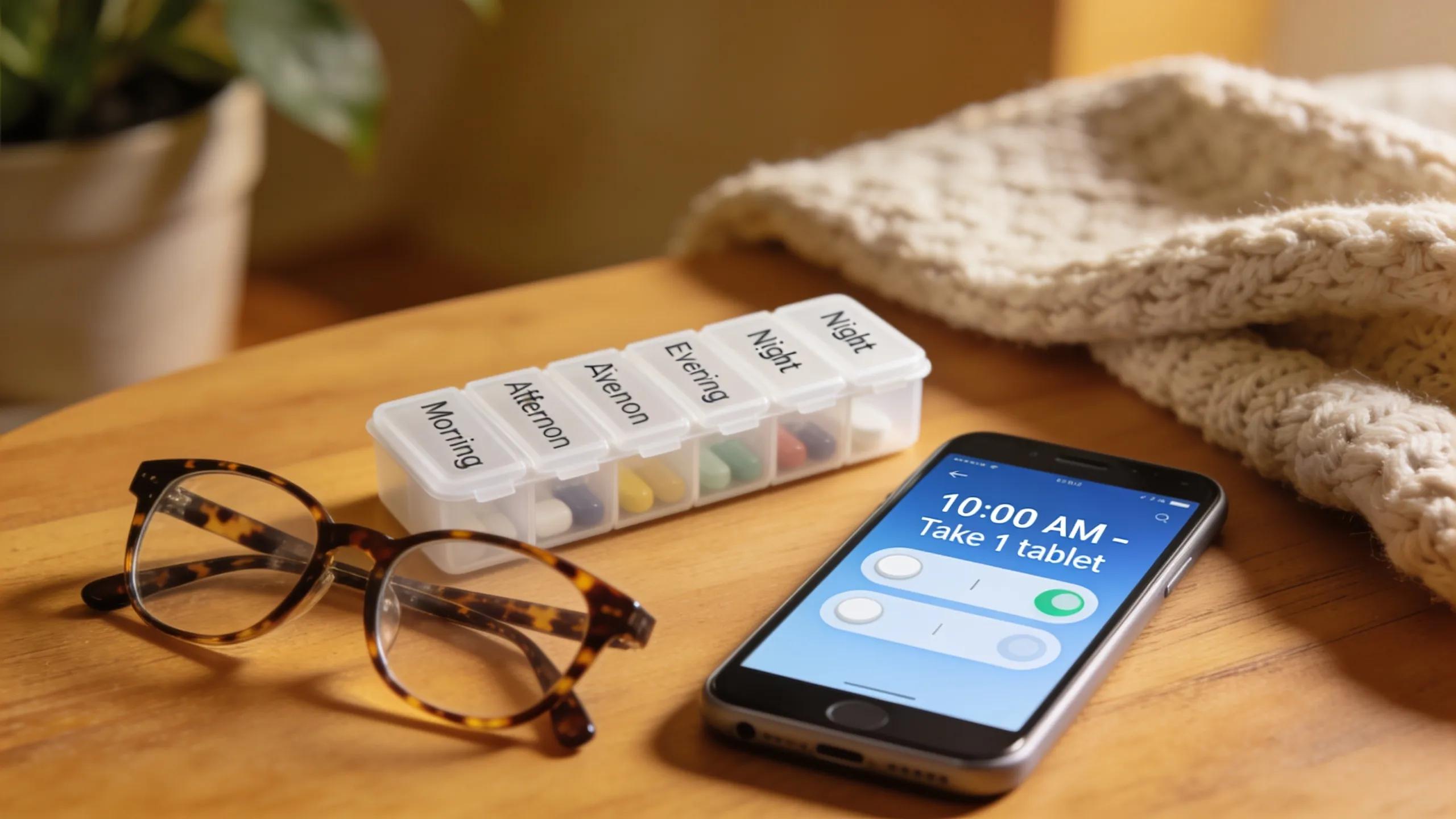 Smartphone with medication reminder app in a cozy setting, illustrating technology's role in senior health