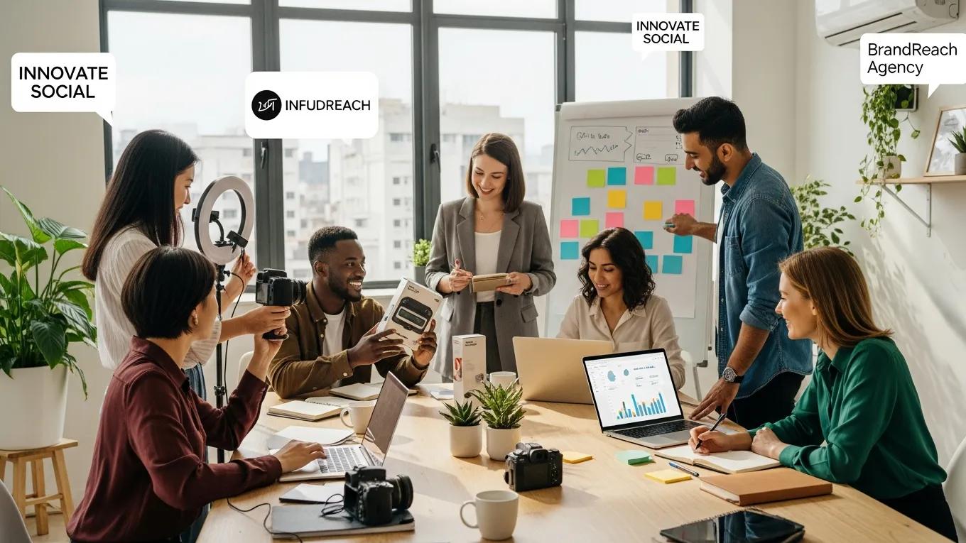 Diverse influencers collaborating in a modern workspace, embodying the essence of influencer marketing