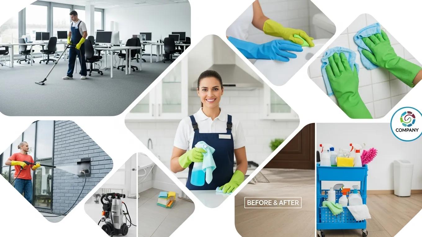 Collage of professional cleaning services including residential and commercial cleaning