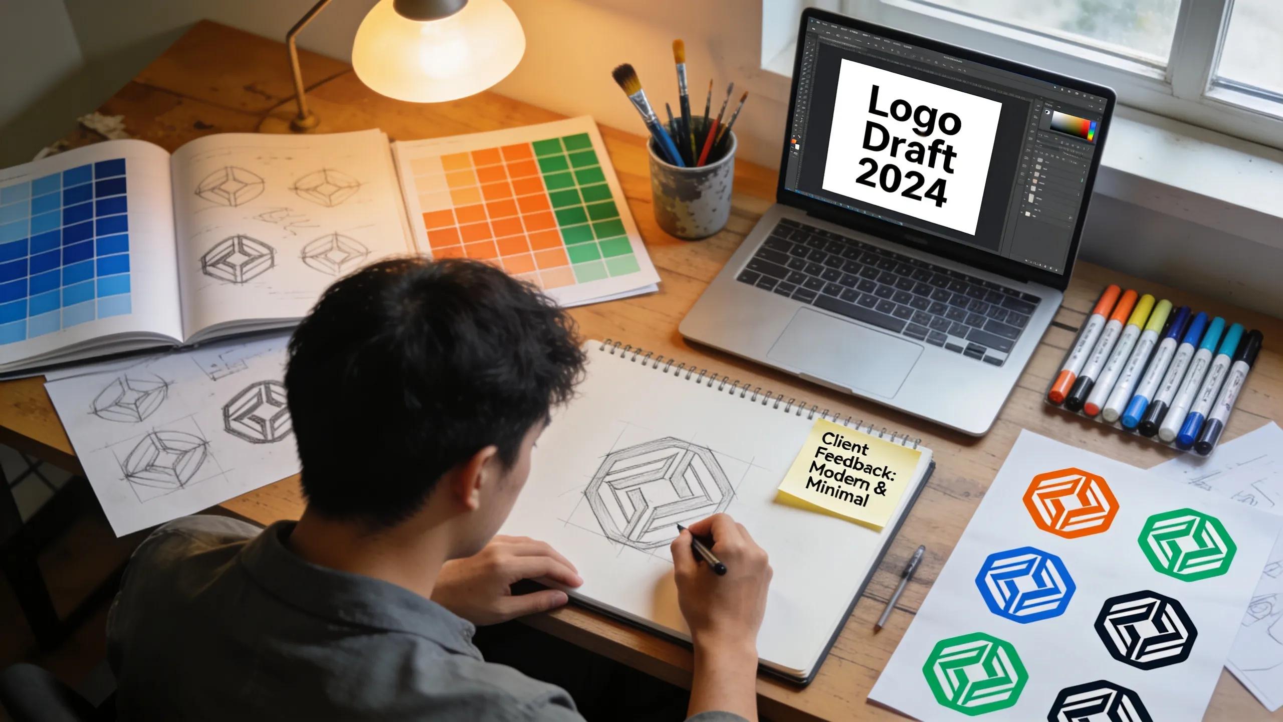 Designer working on branding elements in a creative workshop setting