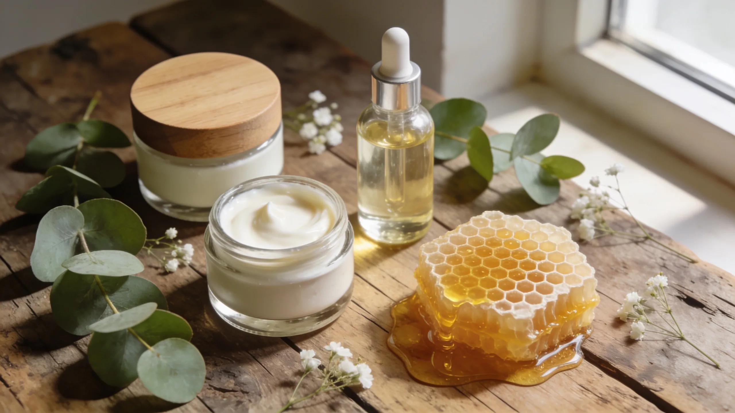 Flat lay of natural skincare products including creams and oils on a wooden surface, emphasising handmade and natural qualities
