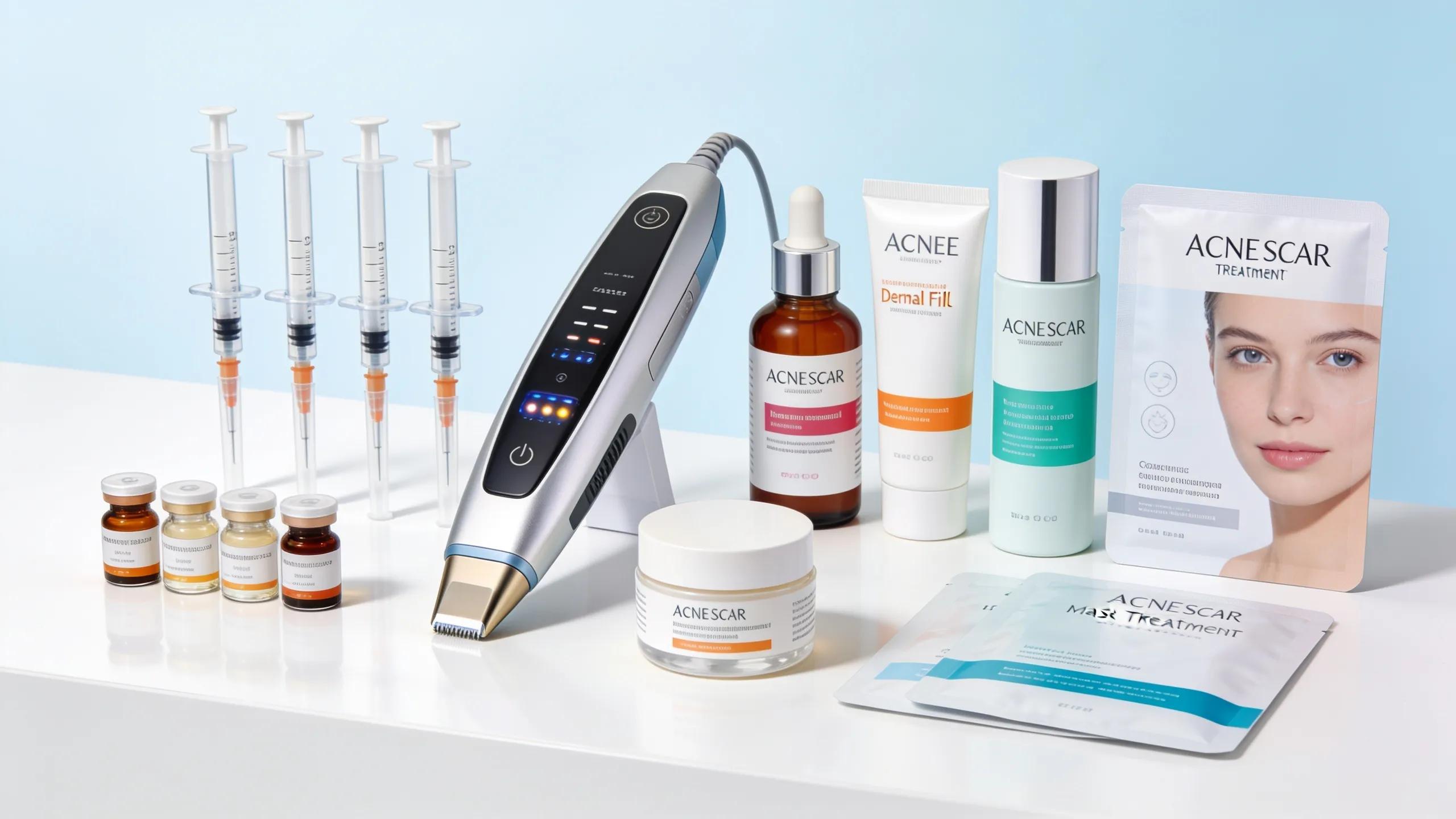 Variety of acne scar treatment options including syringes, laser device, and skincare products displayed attractively