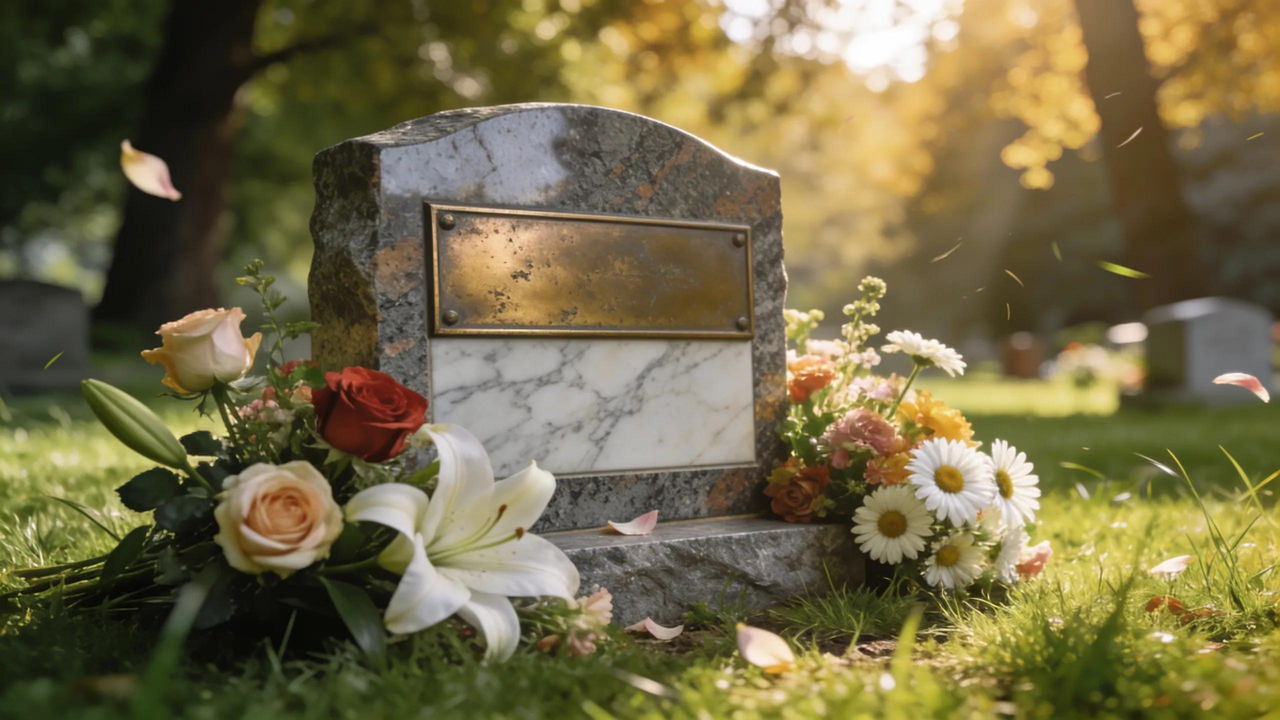 Grave markers made from granite, bronze, and marble in a serene outdoor cemetery setting
