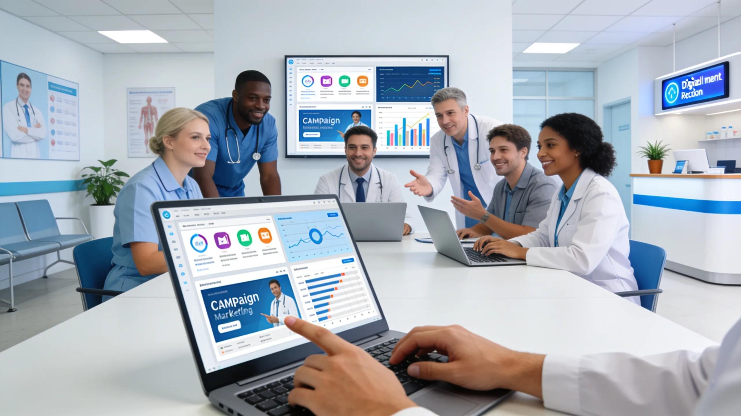 Medical team planning digital marketing strategies in a modern clinic