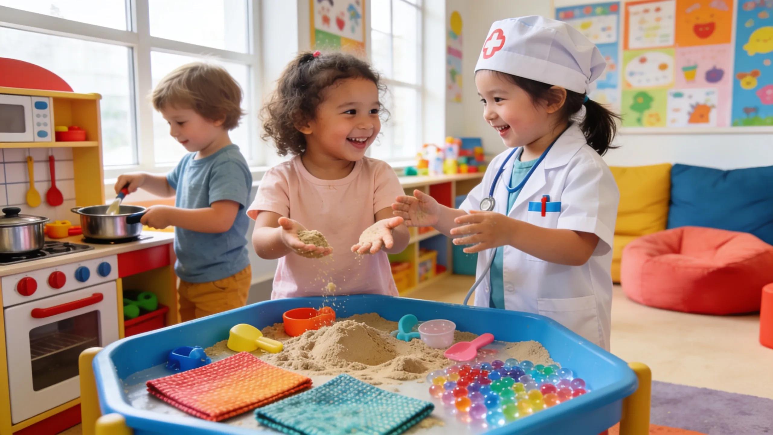 Toddlers engaging in role play and sensory activities to support cognitive and social growth Toddlers engaging in role play and sensory activities to support cognitive and social growth