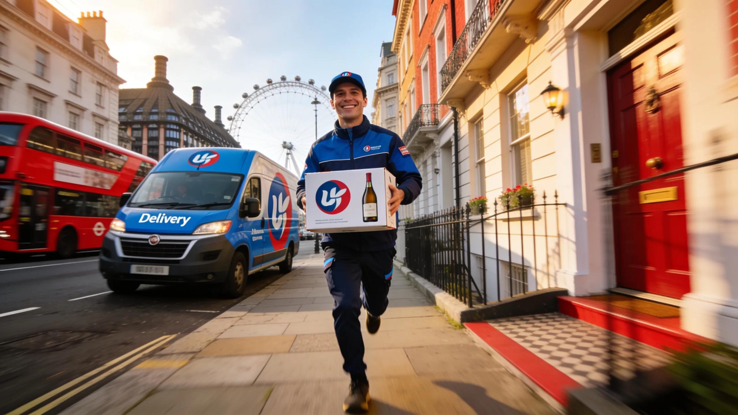 Delivery person in London delivering alcohol, emphasizing same-day delivery service and customer satisfaction
