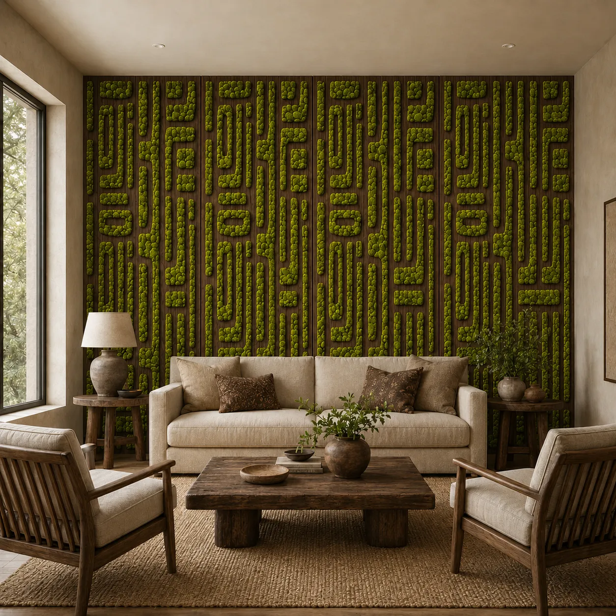 Vibrant corporate lobby featuring a preserved moss wall, enhancing biophilic design and aesthetics