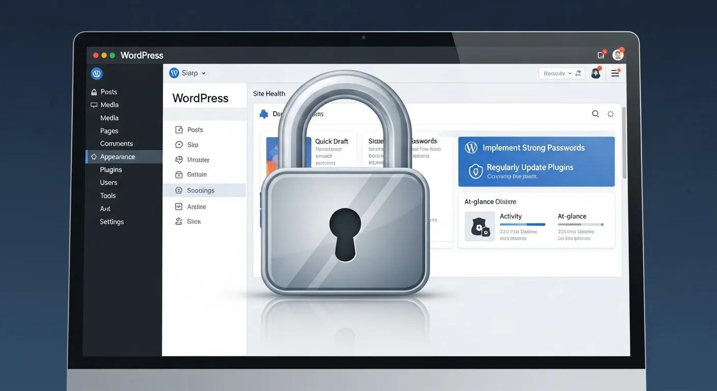A lock icon over a computer screen — symbolizing WordPress security best practices