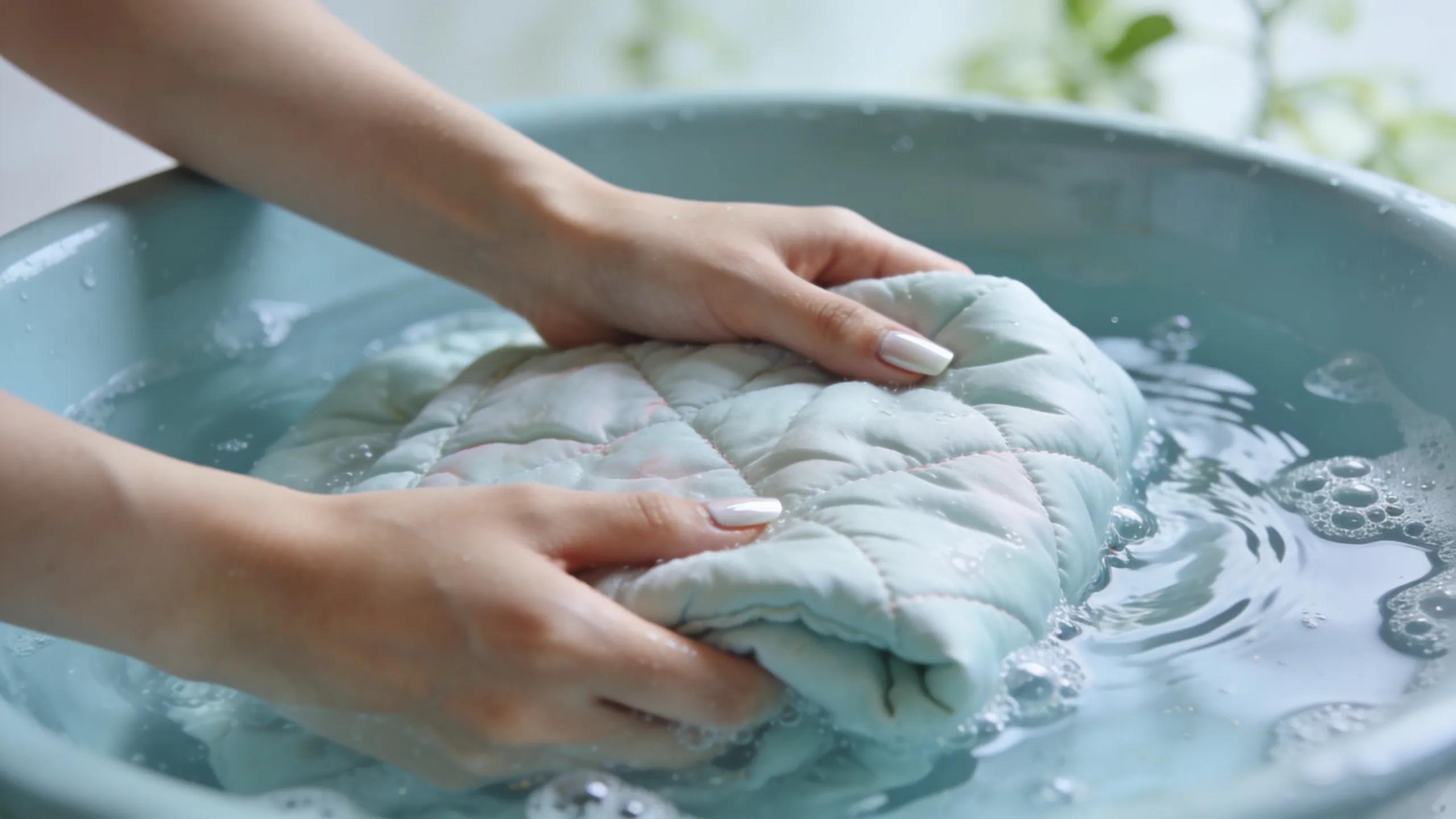 Hand washing a quilt in a basin, illustrating gentle quilt cleaning methods