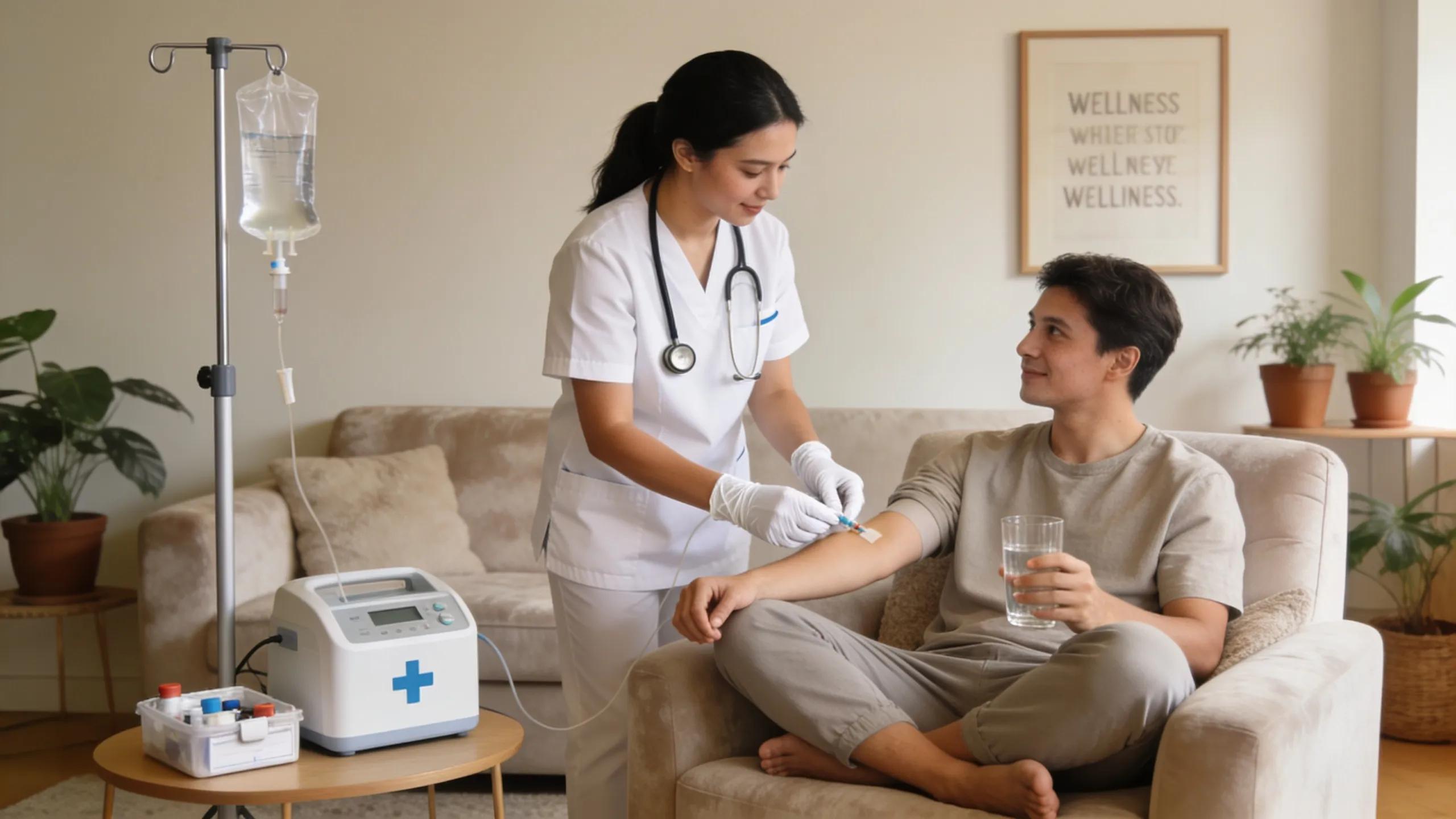 Healthcare professional providing mobile IV hydration treatment in a home setting
