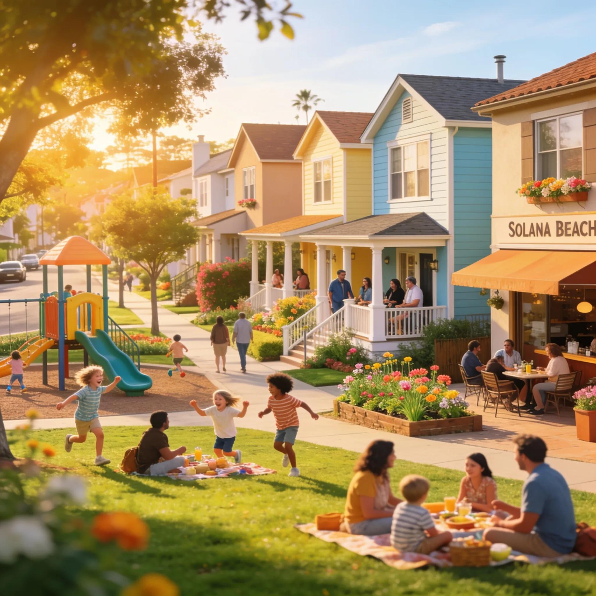 Lively Solana Beach neighborhood scene with families and park access, illustrating community lifestyle