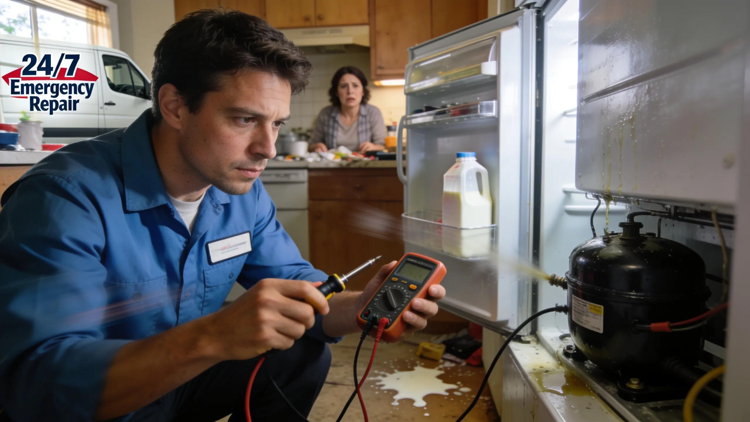 Emergency technician assessing a refrigerator issue at a homeowner's residence