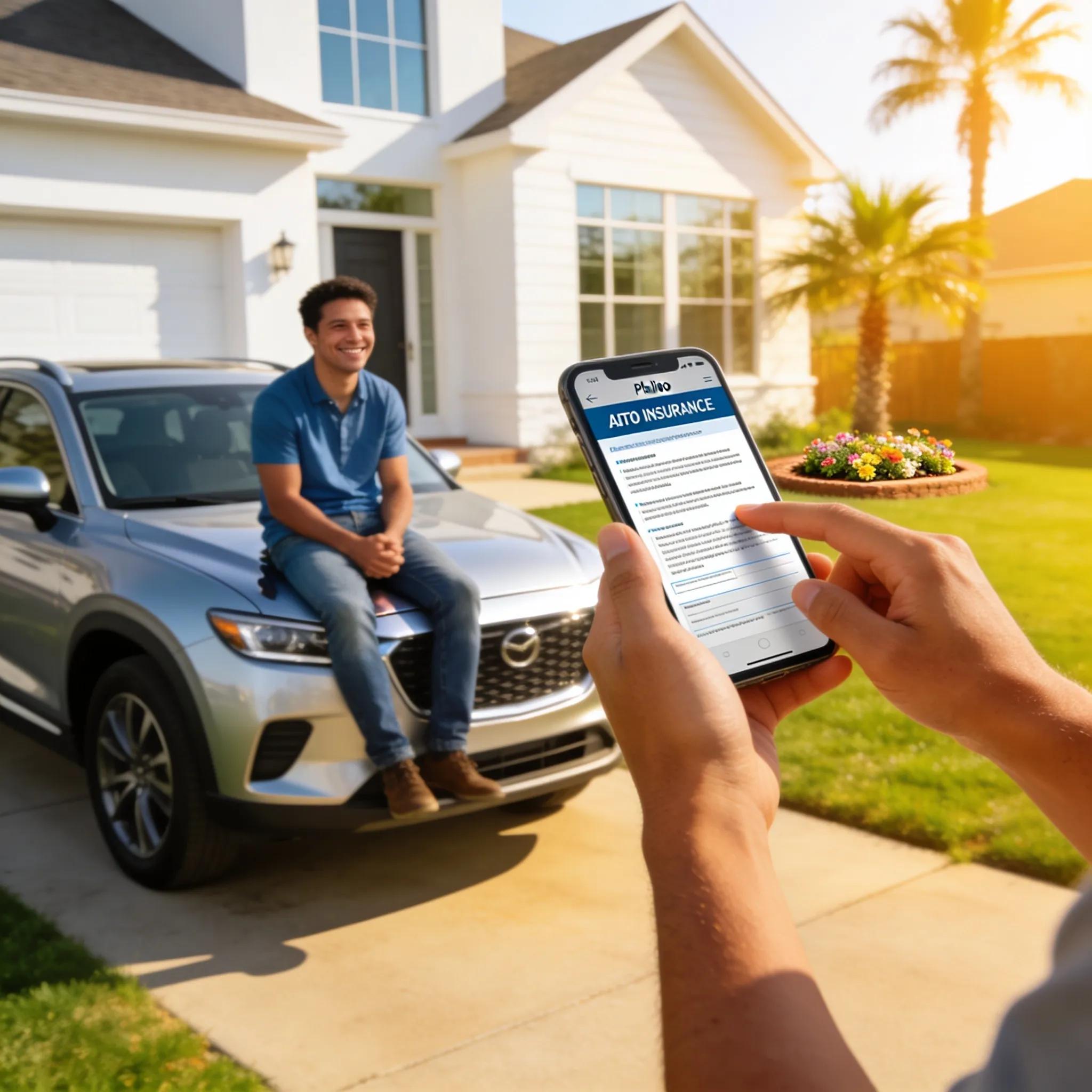 Individual reviewing auto insurance policy on smartphone outside a modern home in Plano Texas