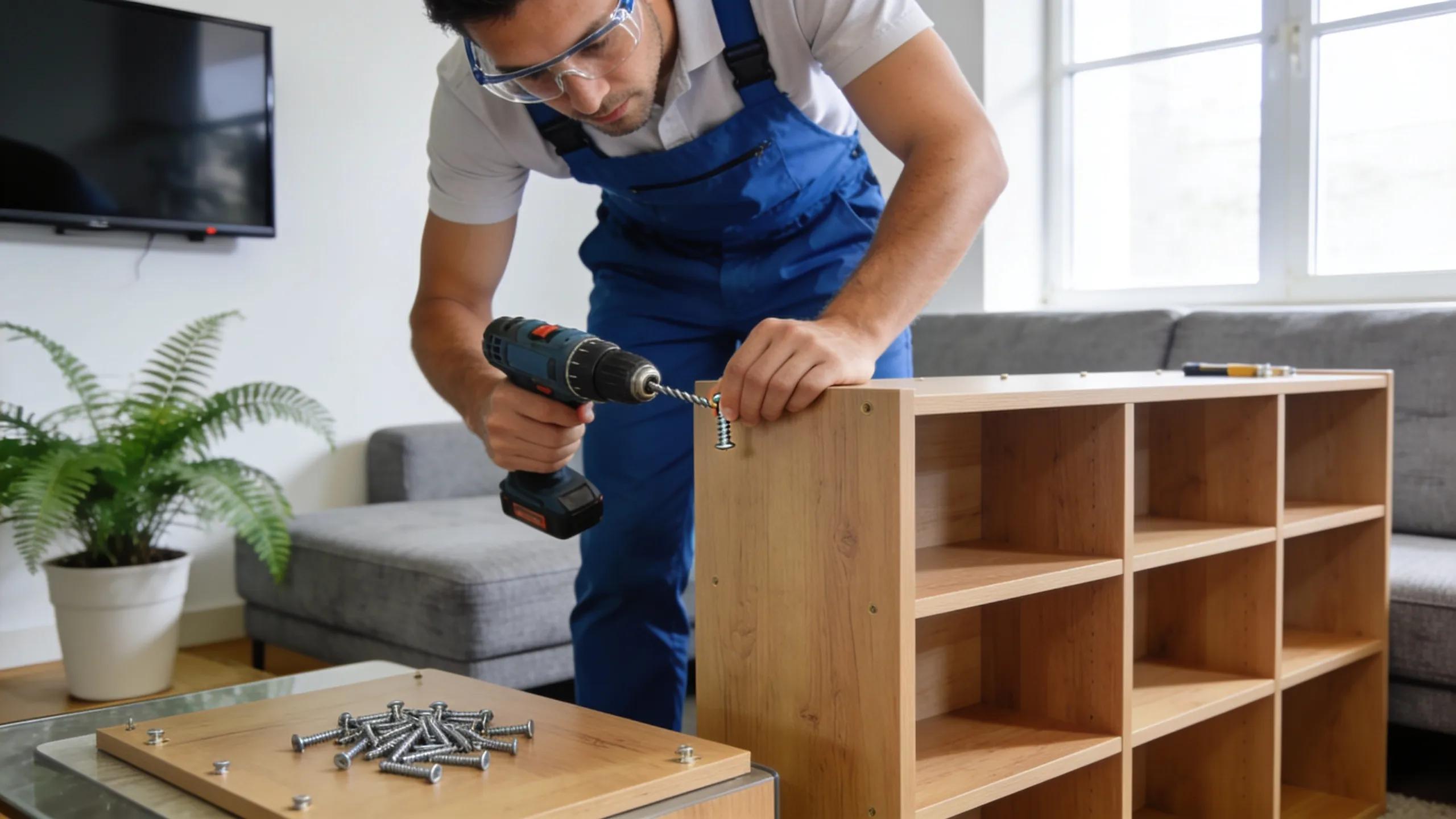 Handyman assembling furniture in a well-decorated living room, highlighting affordable repair services.