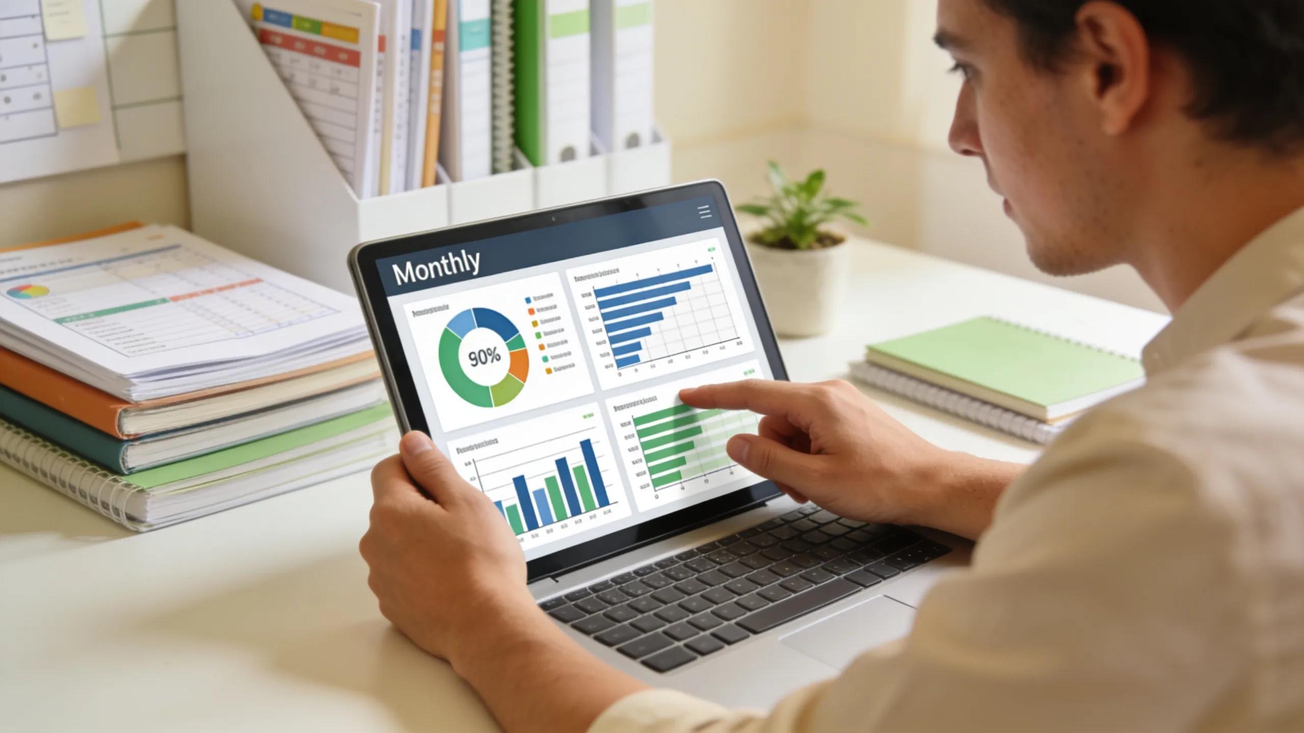 Expert analyzing monthly performance reports on a tablet in a well-organized office, emphasizing progress tracking