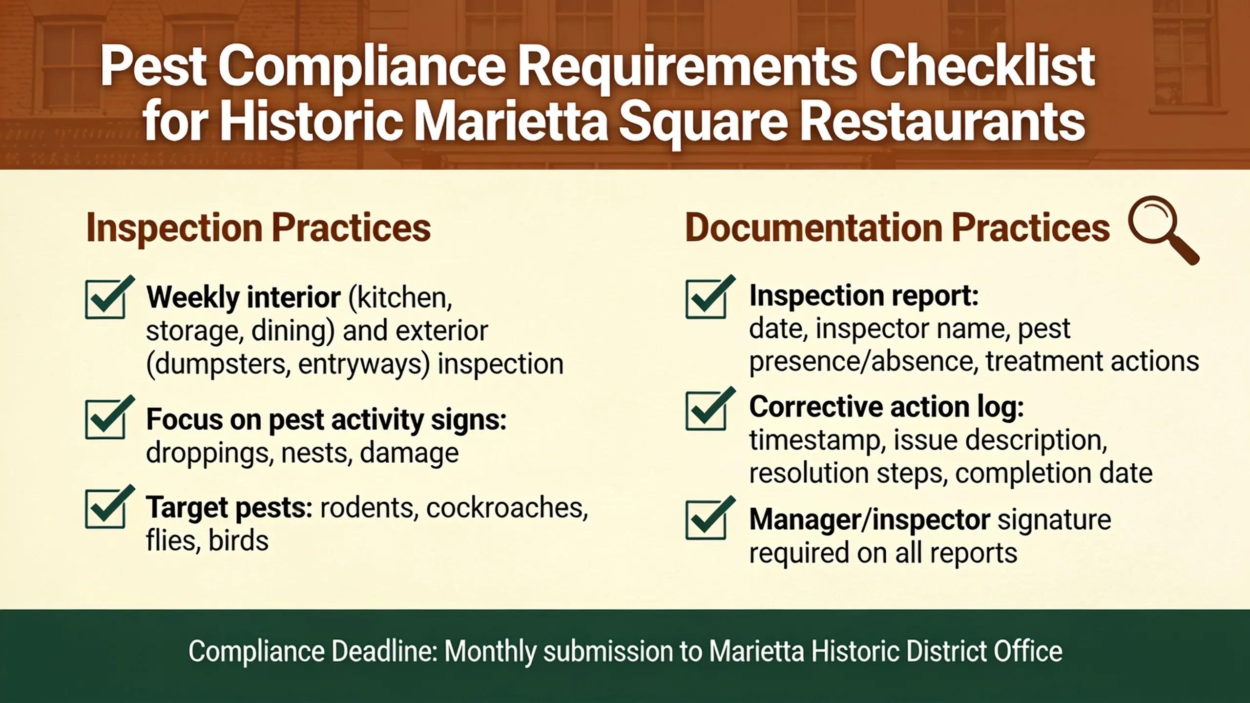 Checklist of pest compliance requirements for historic Marietta Square restaurants, highlighting inspection and documentation practices