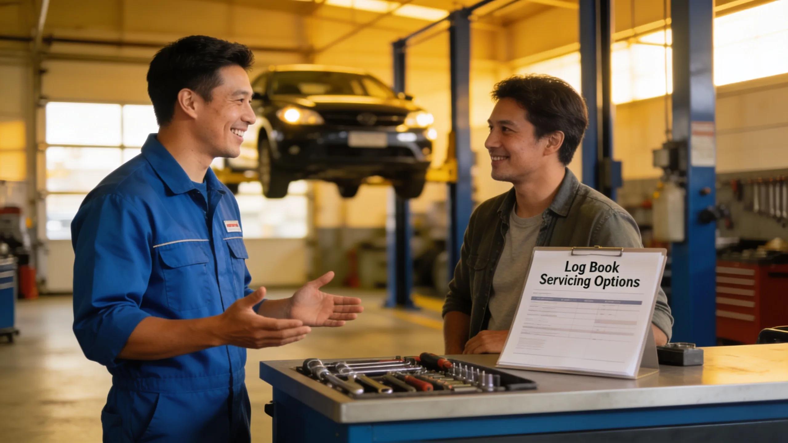 Customer discussing log book servicing options with a mechanic in a modern workshop