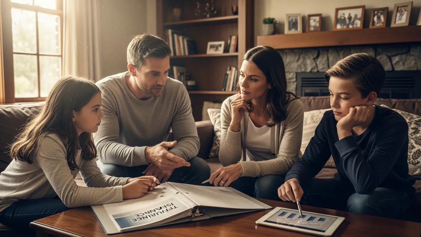 A family discussing term life insurance together in a comfortable living room