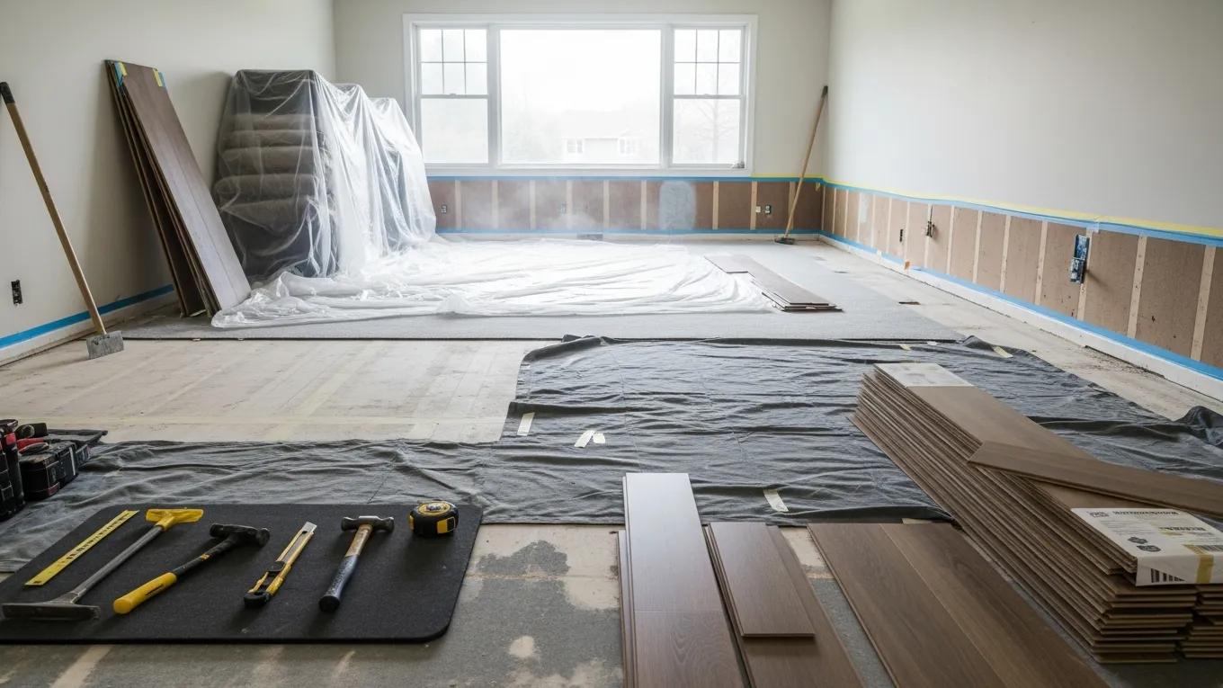 Prepared room for flooring installation with wood planks, tools, and protective covering.