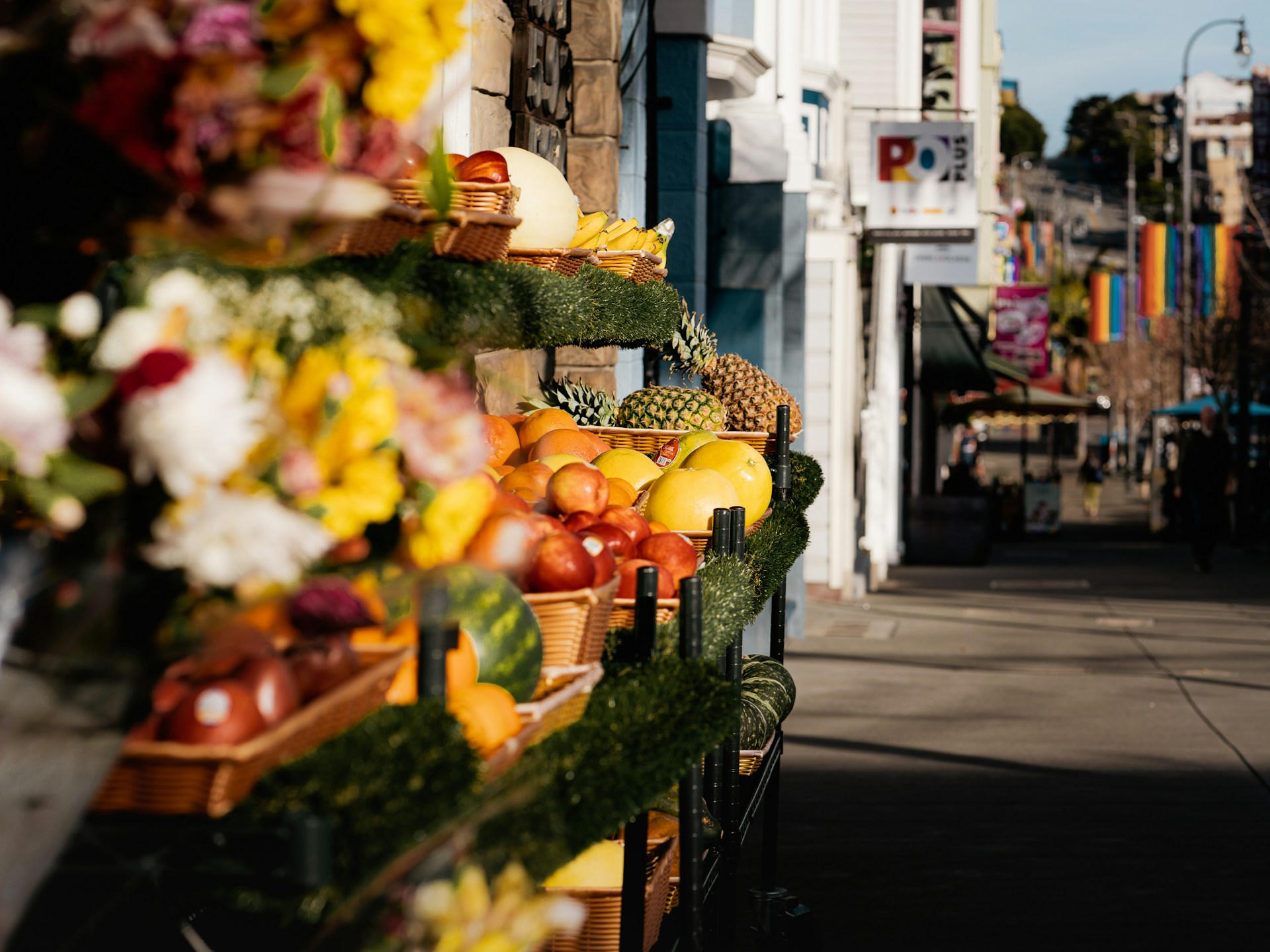 Colorful fruit stands along a San Francisco street