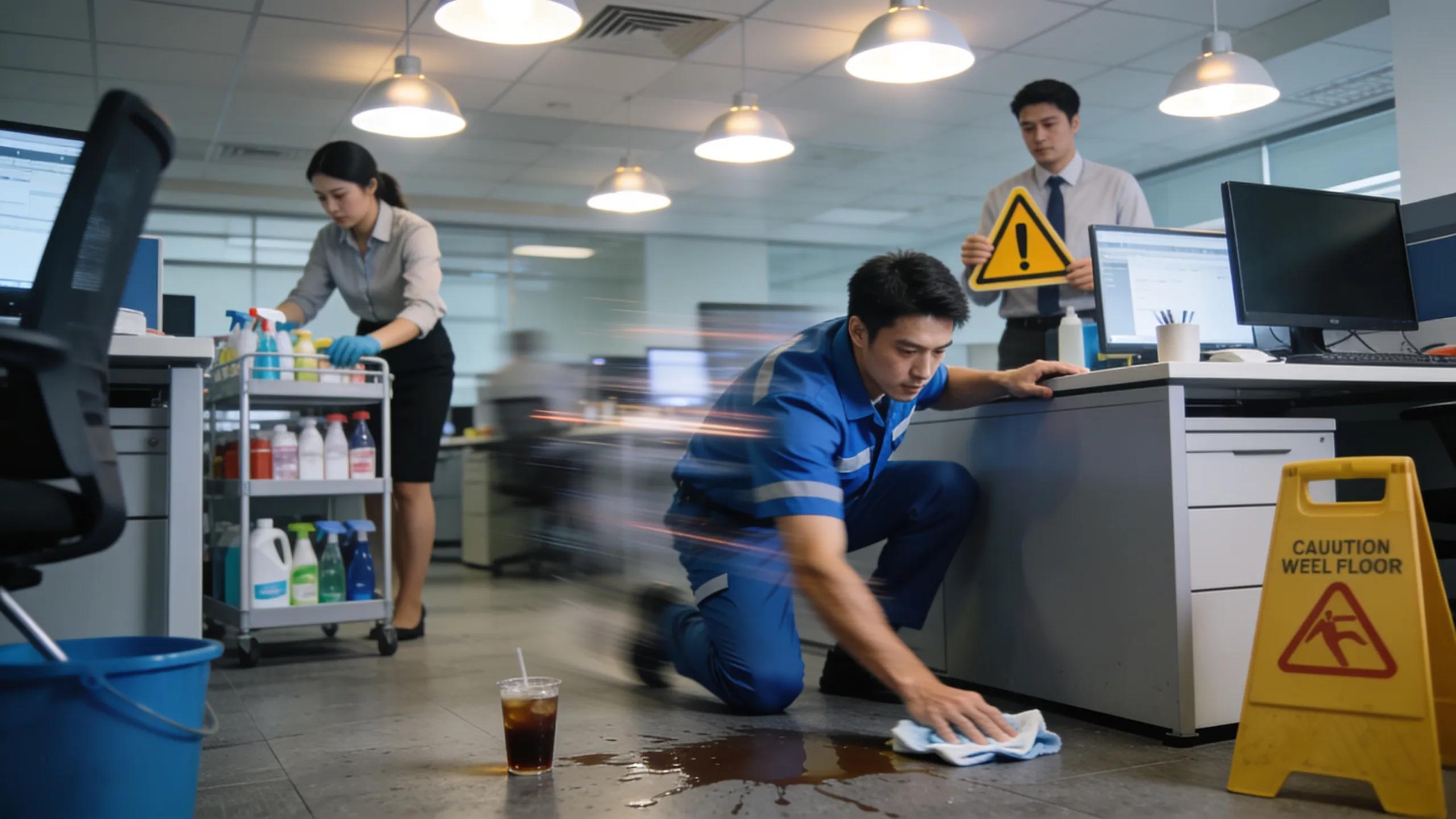 Cleaners quickly addressing a spill in an office, highlighting the importance of rapid response in commercial cleaning services