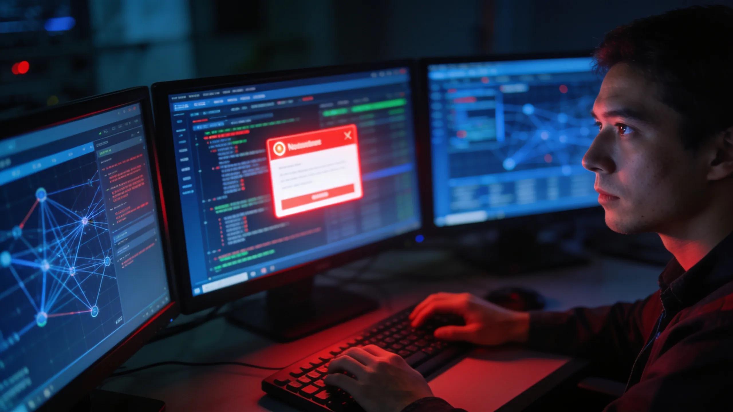 IT professional monitoring network systems to prevent downtime