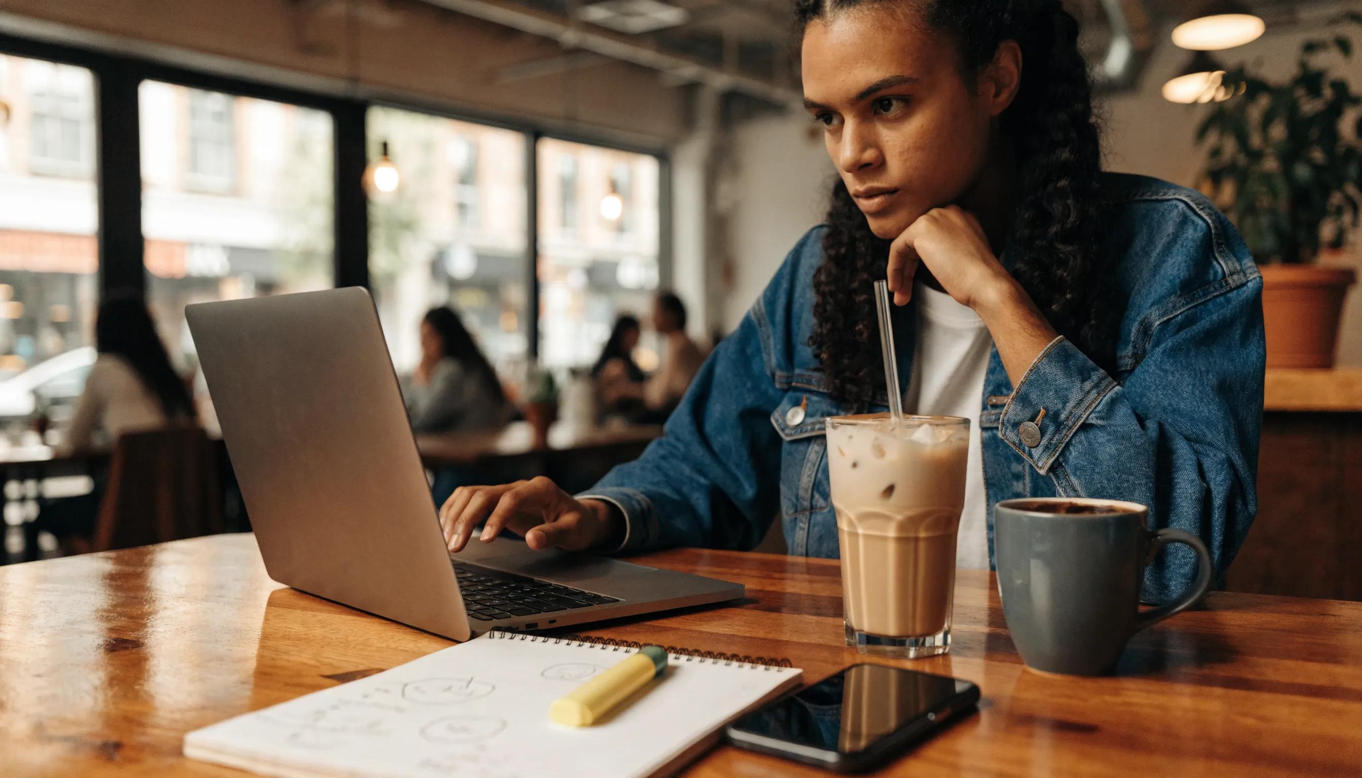 Small business owner working on SEO strategies in a coffee shop with laptop and notepad