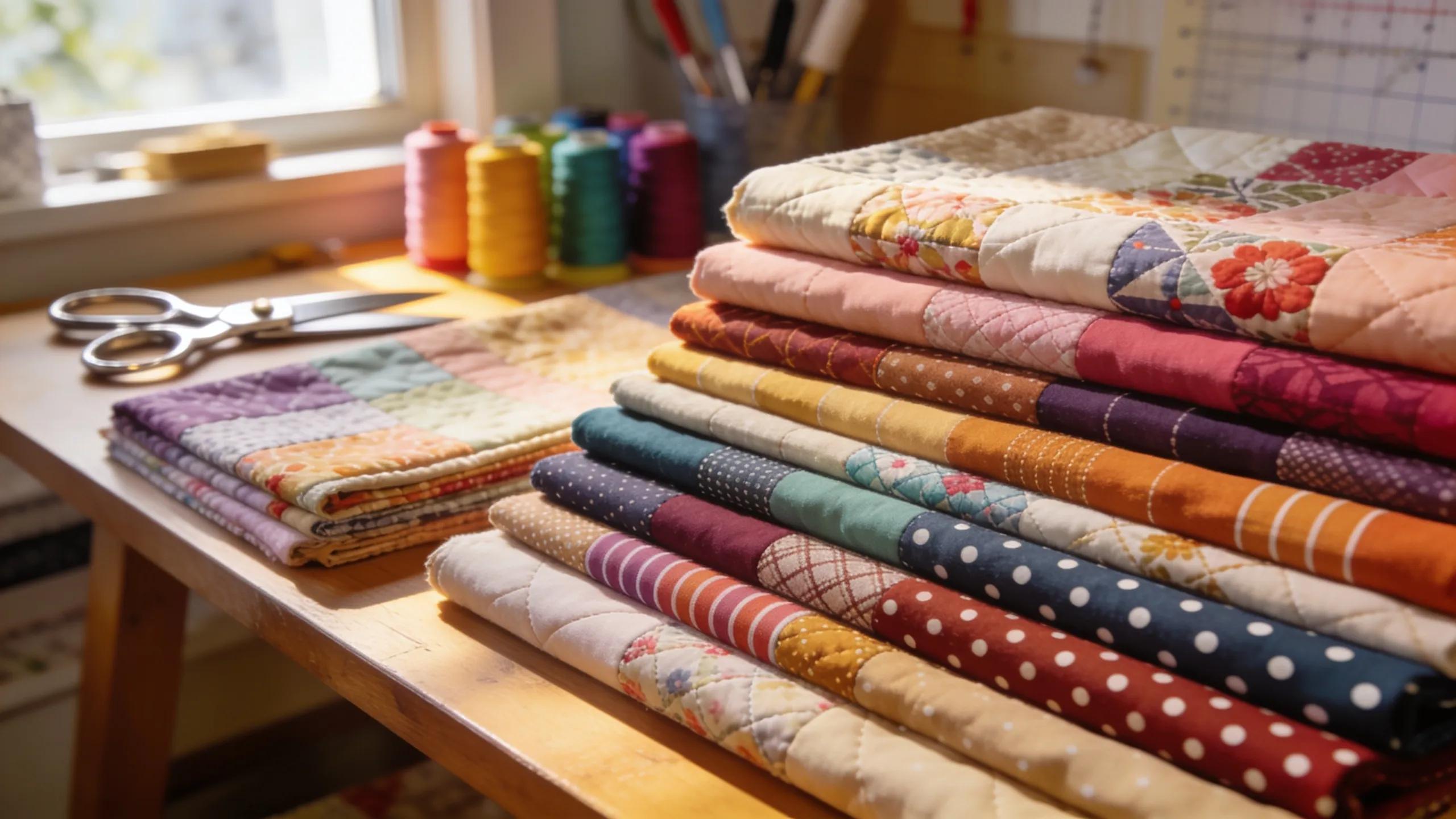 Colorful premium cotton quilting fabrics in a craft room setting, showcasing variety and quality