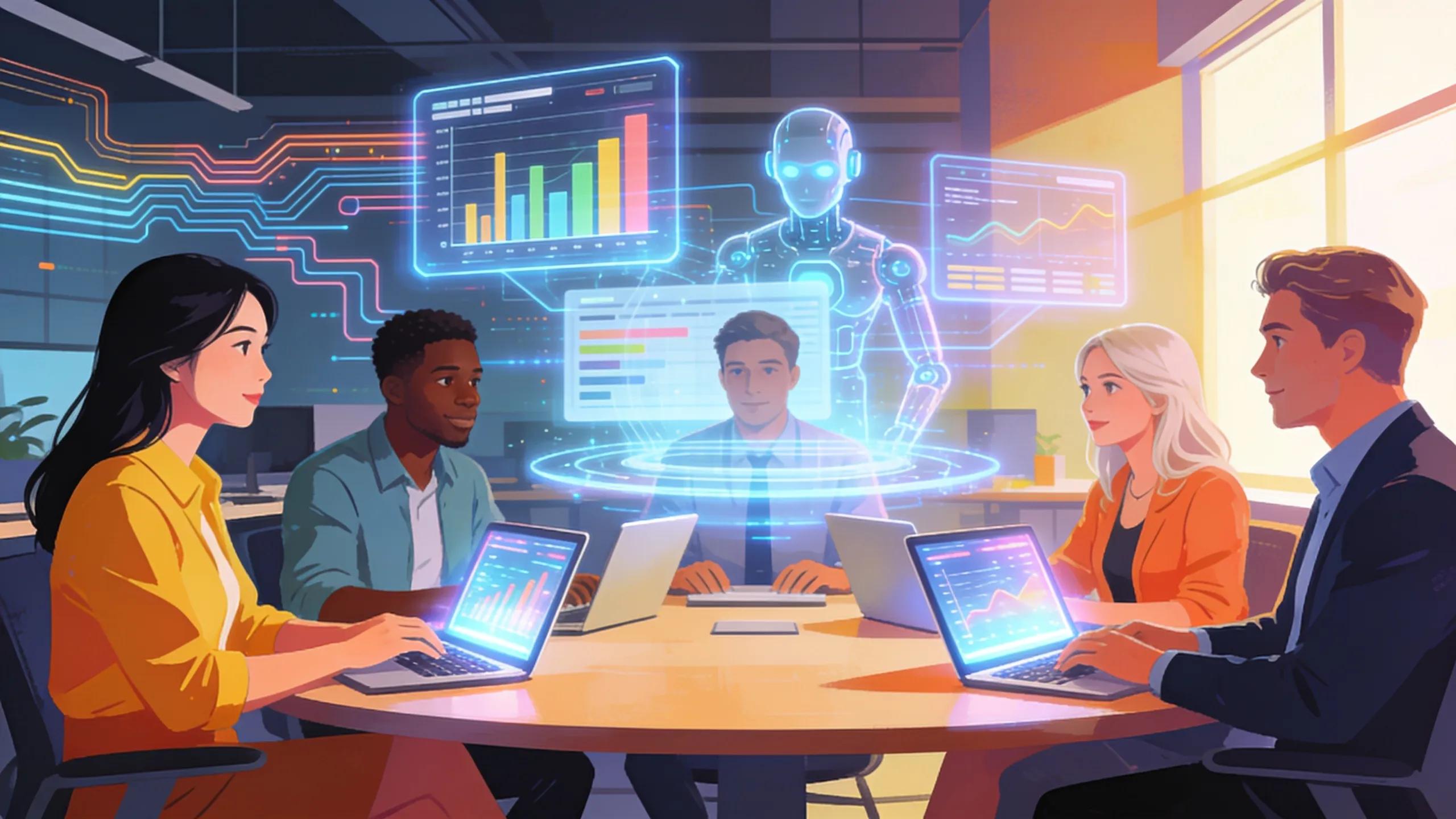 Diverse professionals collaborating with technology to enhance AI visibility
