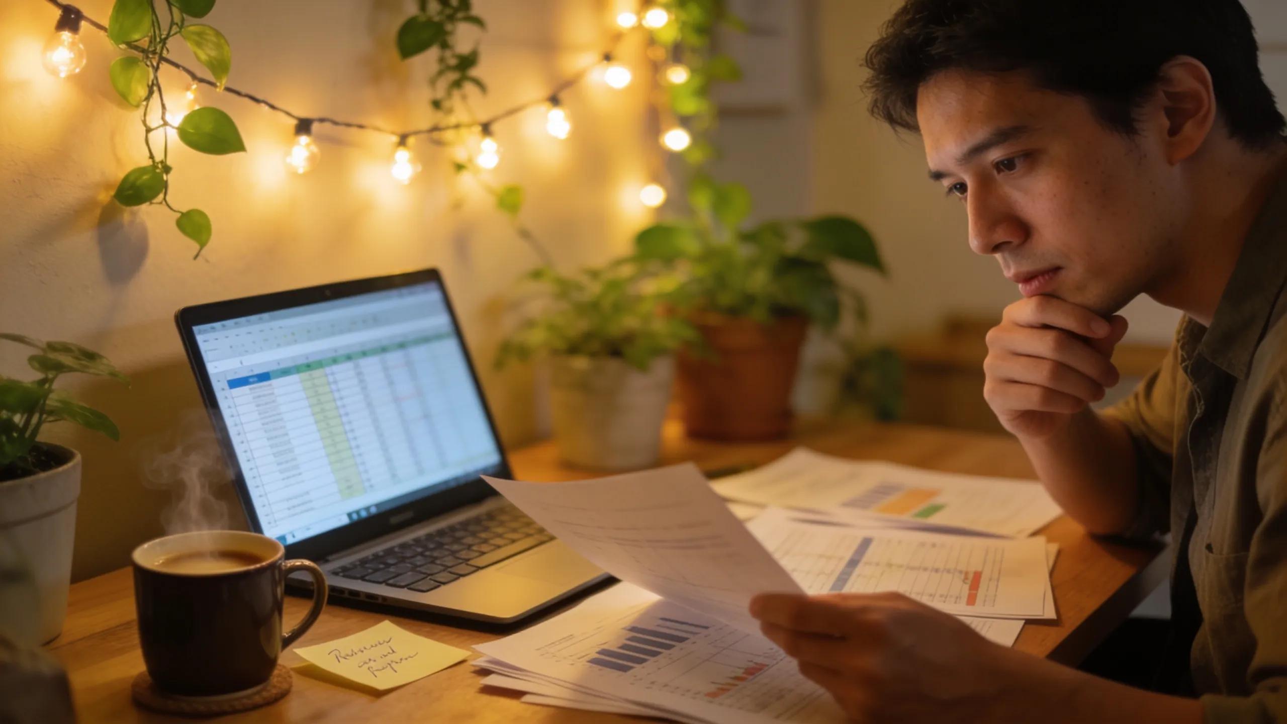 Small business owner analyzing financial documents in a cozy office space