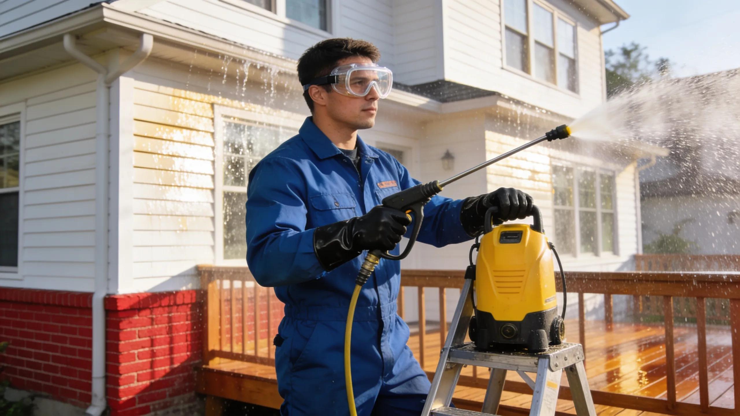 Professional house washing service with technician cleaning a home exterior