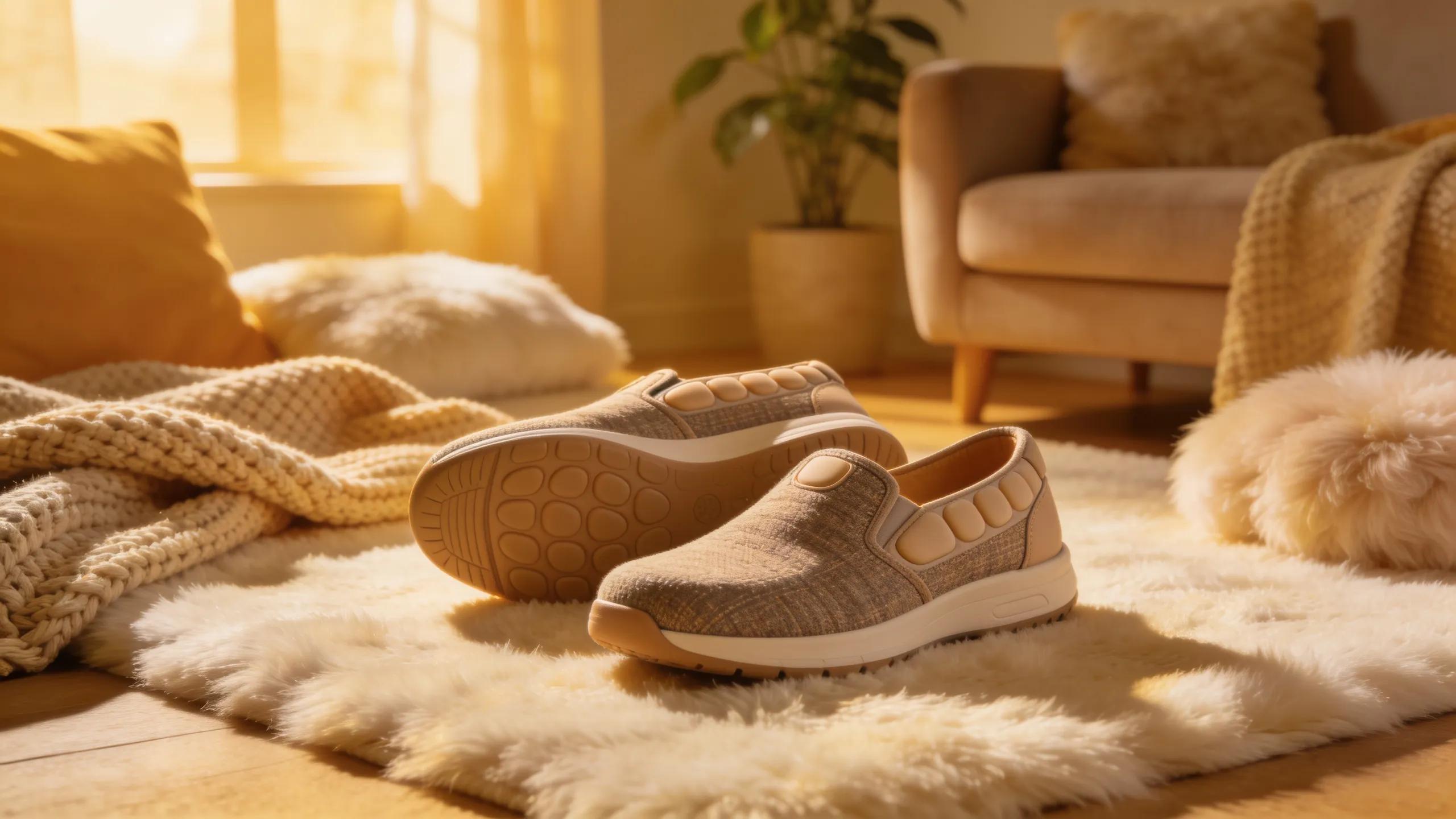 Comfortable shoes for arthritis surrounded by a cozy home environment