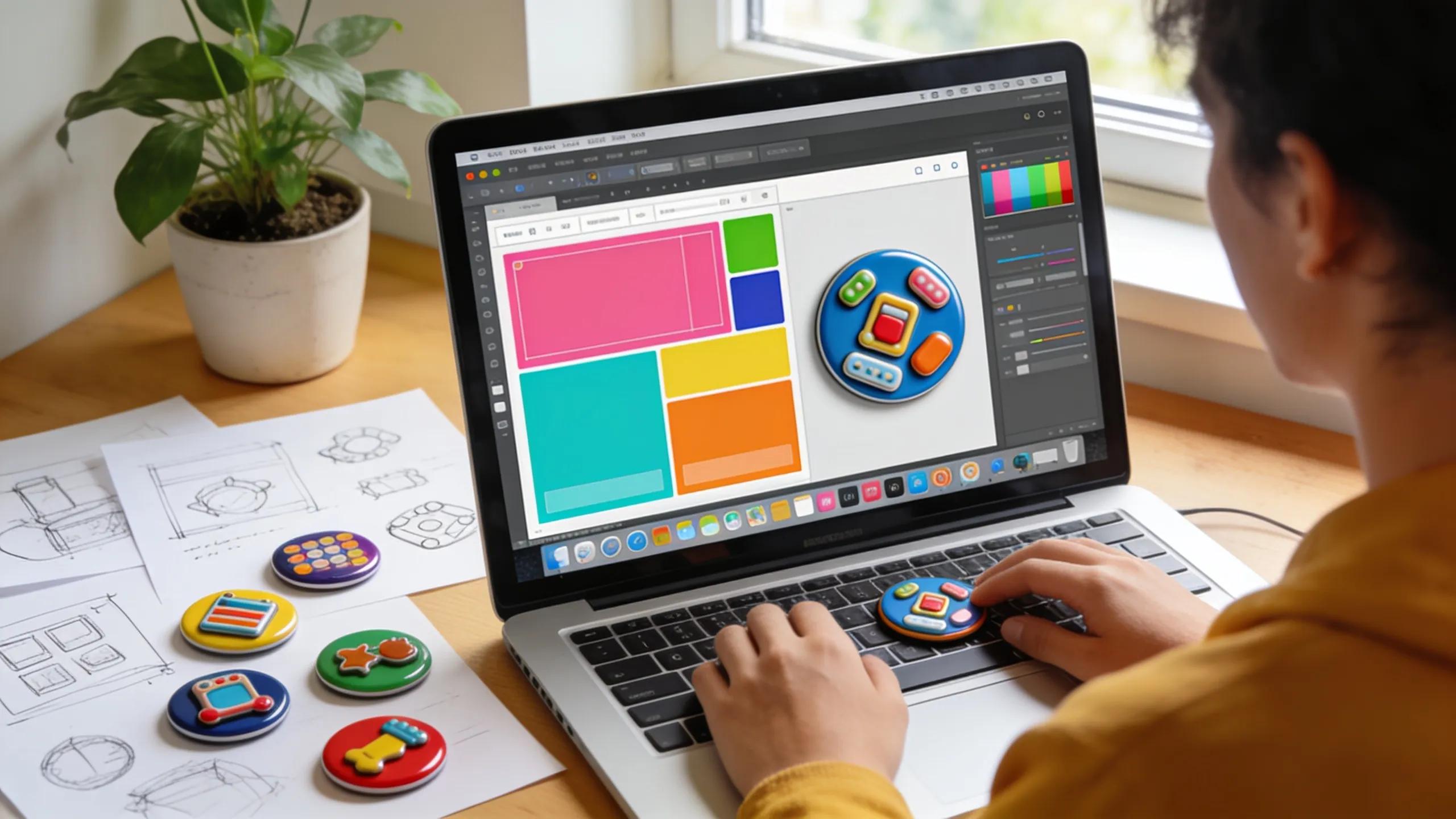 User designing custom fridge magnet on a laptop with colorful designs and sketches around